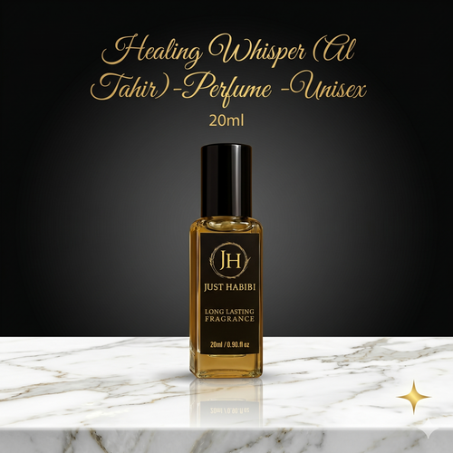 Perfume bottle labeled 'Just Habibi' on a marble surface with a dark background