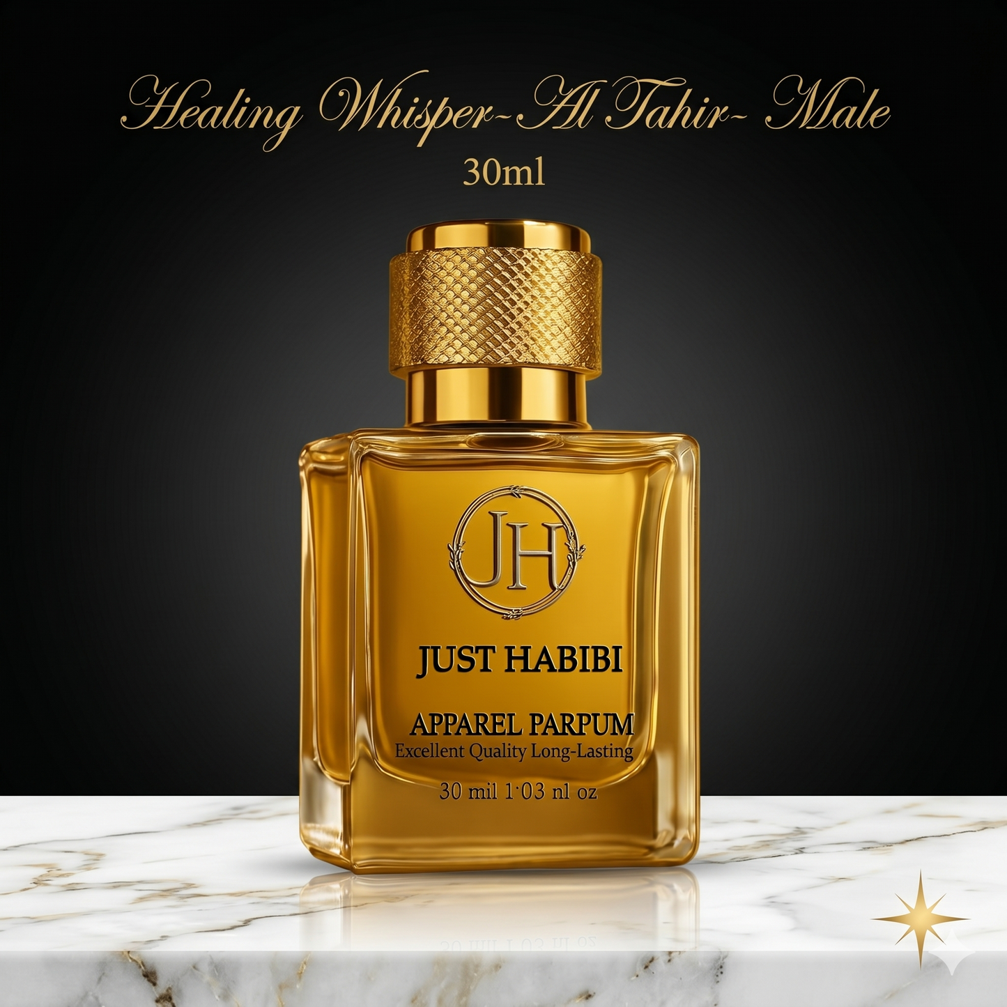 Gold perfume bottle with 'Just Habibi' branding on a marble surface and dark background
