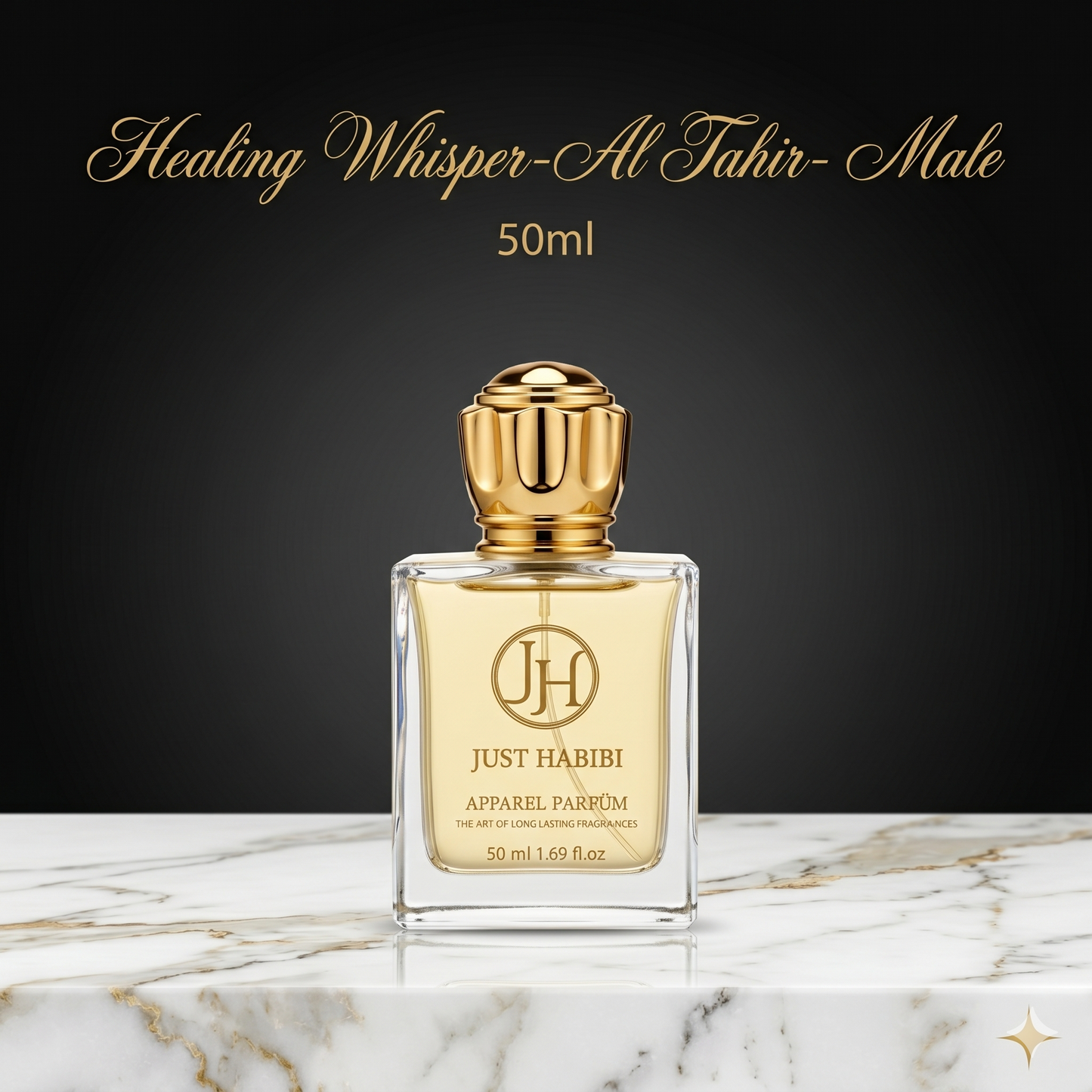 Just Habibi perfume bottle with gold cap on a marble surface and dark background