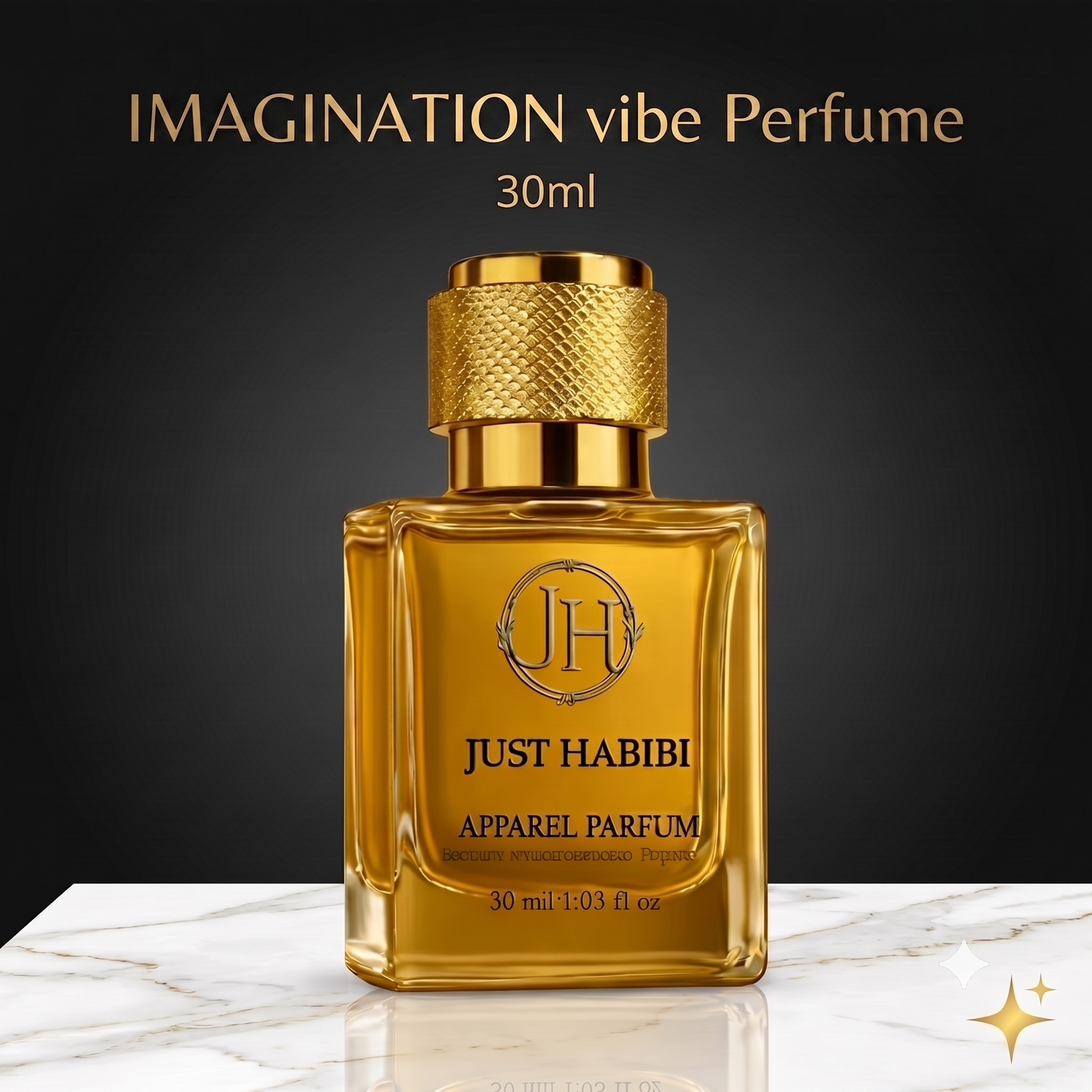 Just Habibi Imajination Vibe Perfume 30ml bottle on marble - long lasting unisex fragrance