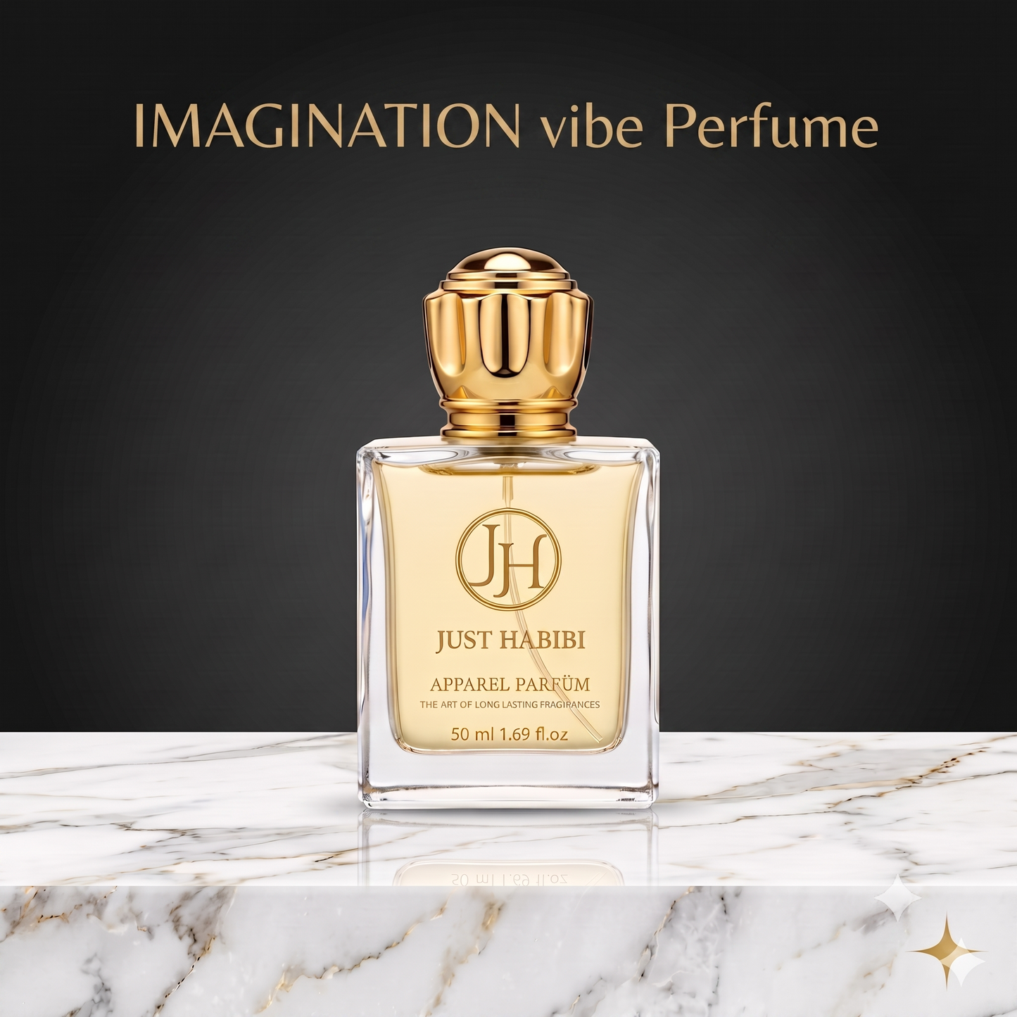 Just Habibi Imajination Vibe Perfume 50ml bottle on marble - long lasting unisex fragrance