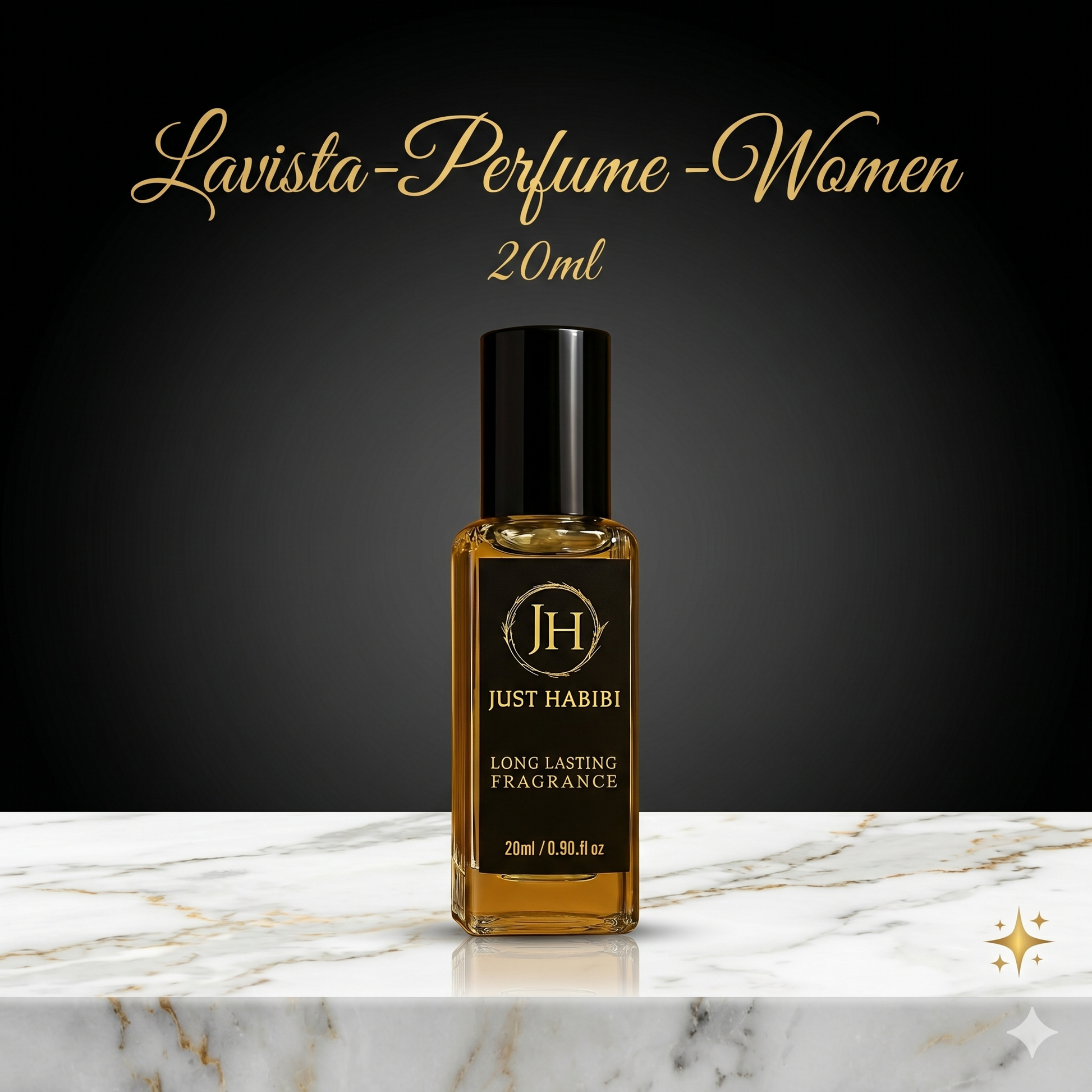Perfume bottle labeled 'Just Habibi' on a marble surface with a dark background
