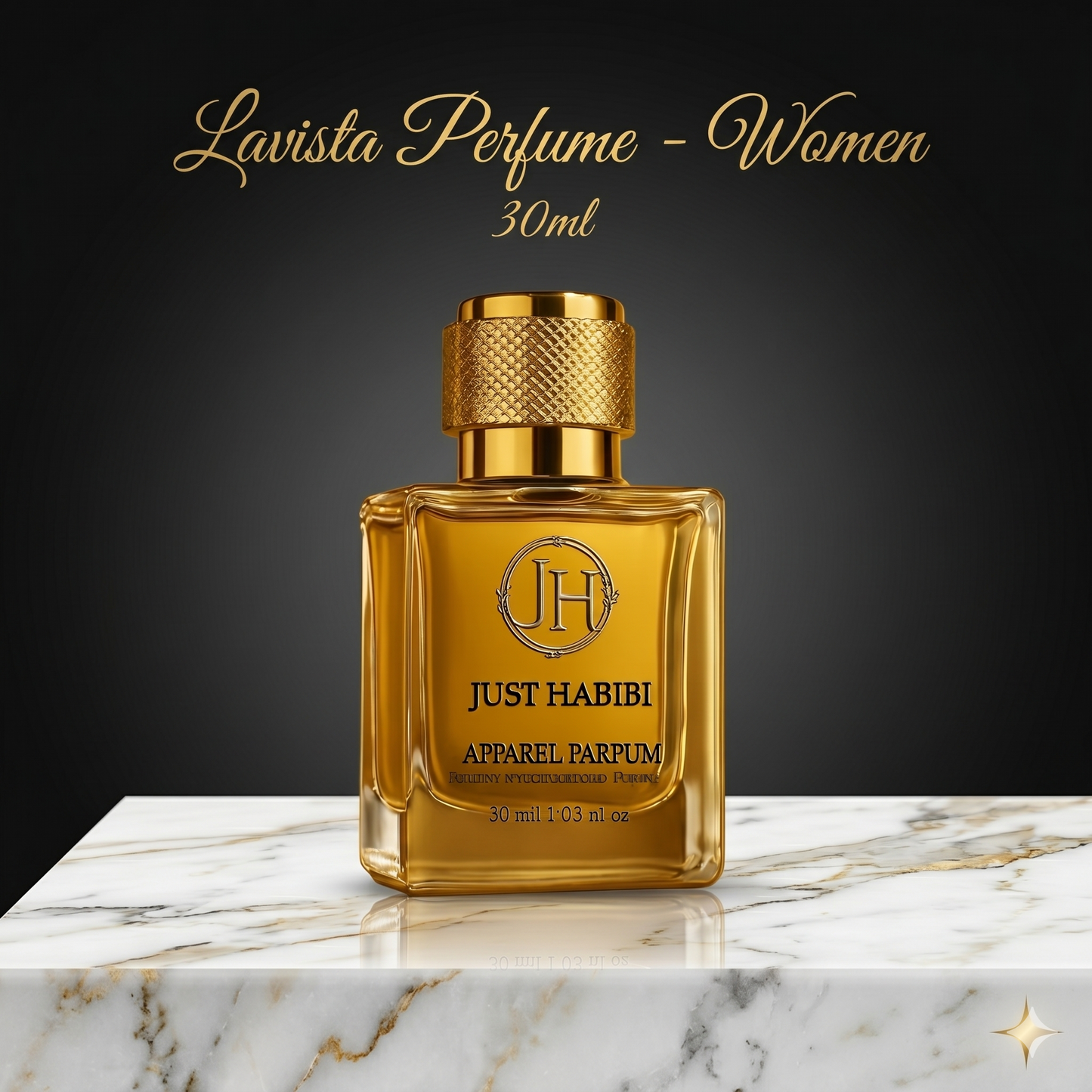Just Habibi perfume bottle on a marble surface with a dark background