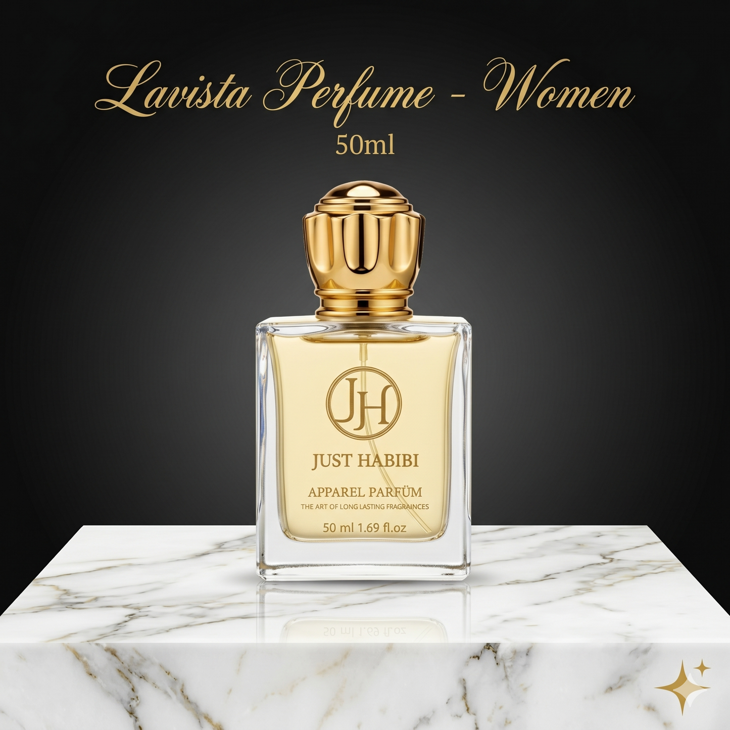 Perfume bottle with gold cap and clear label on a marble surface with dark background