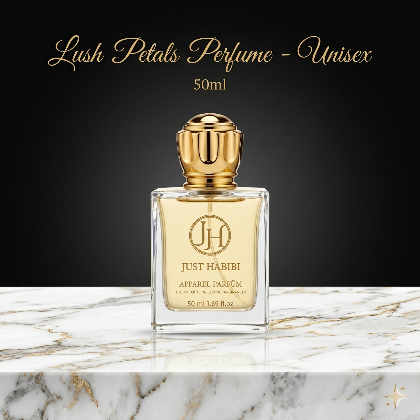 Just Habibi perfume bottle on a marble surface with a black background
