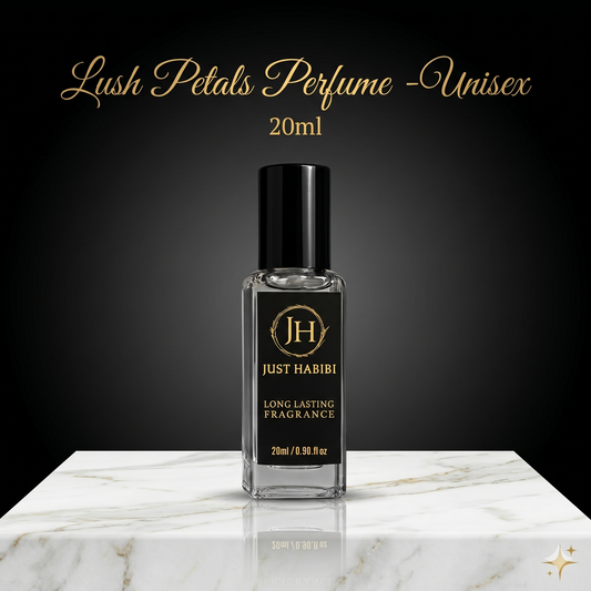 Perfume bottle labeled 'Just Habibi' on a marble surface with a dark background