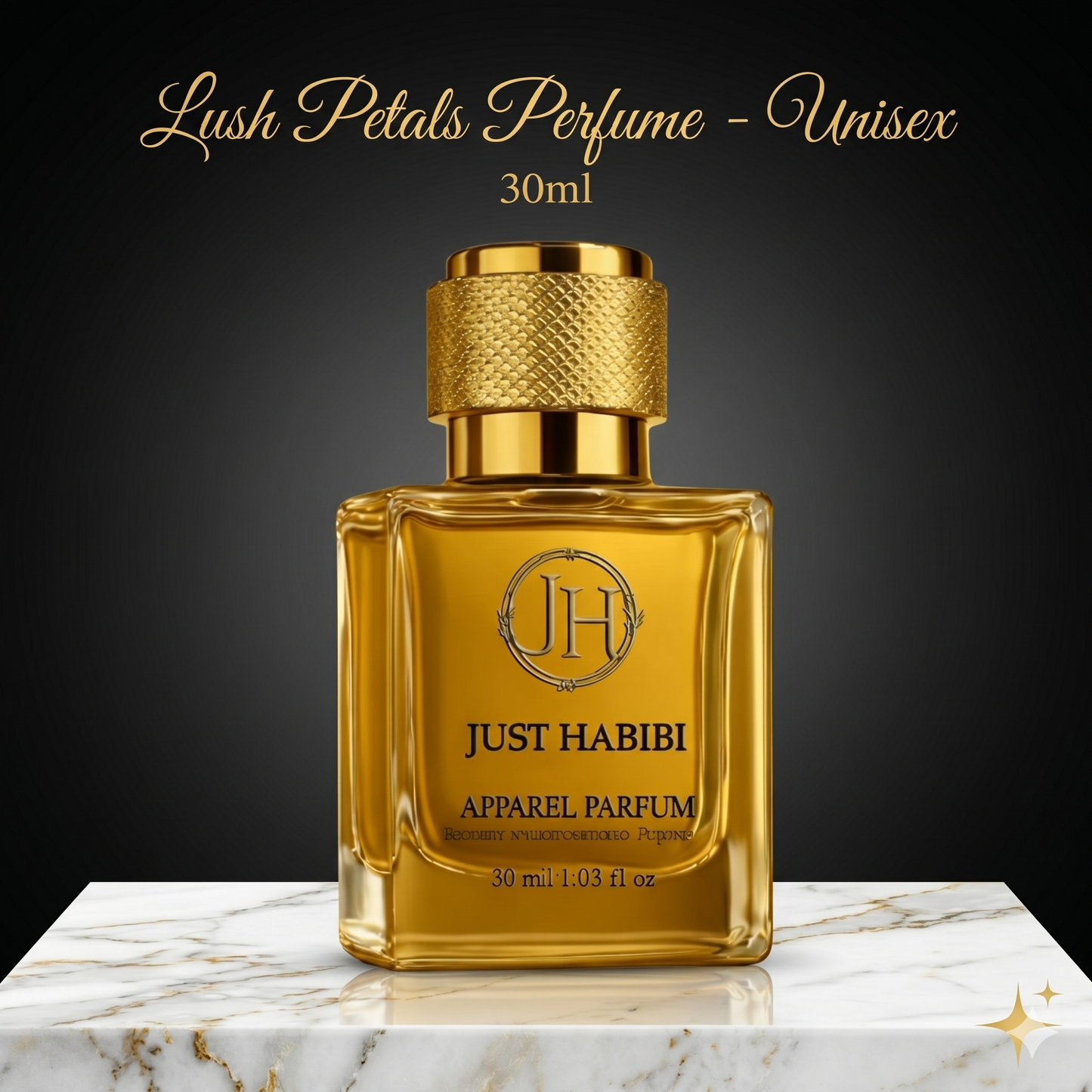 Gold perfume bottle labeled 'Just Habibi' on a marble surface with a dark background