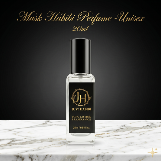 Perfume bottle labeled 'Just Habibi' on a marble surface with a dark background