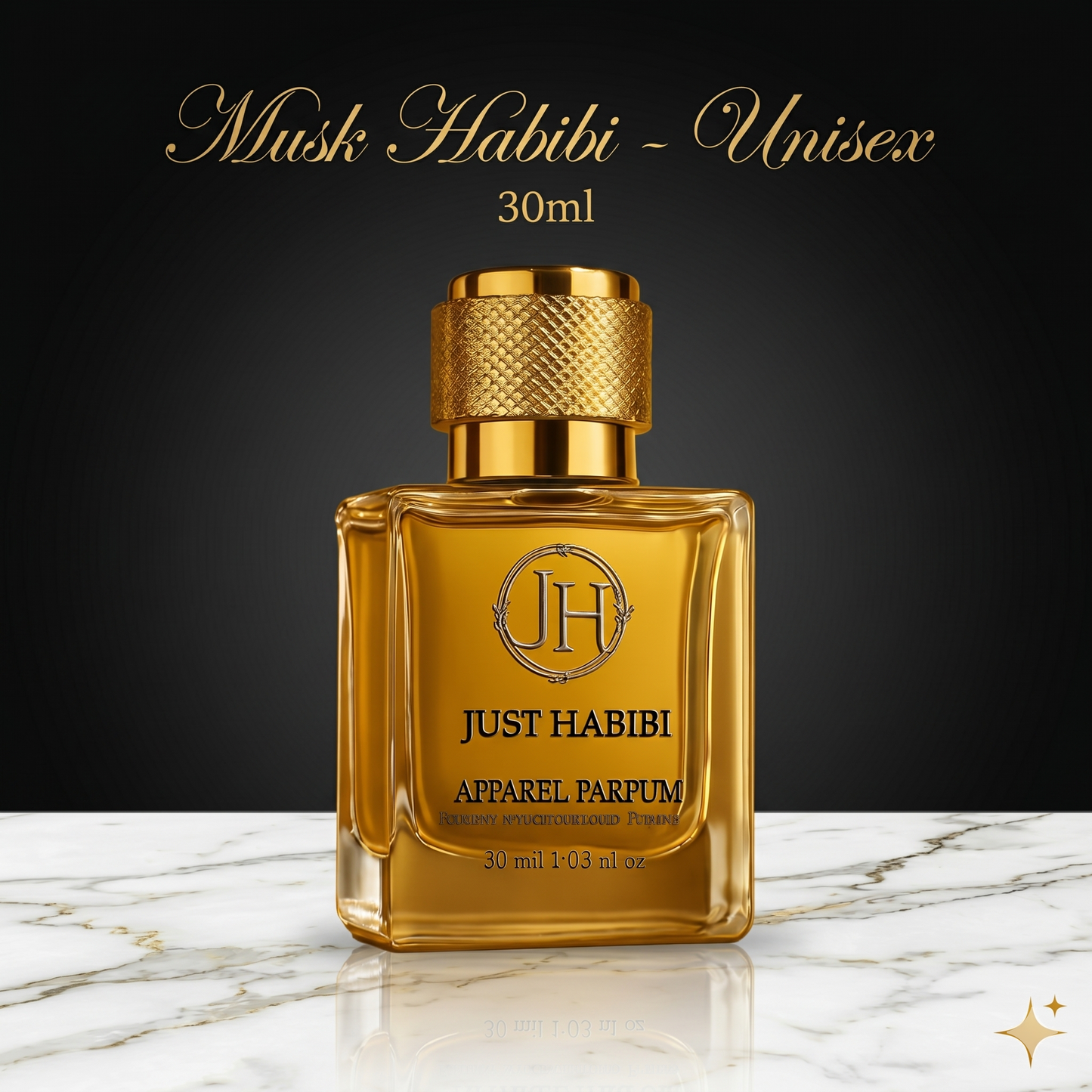 Perfume glass bottle with golden cap placed on white marble portraying Musk Habibi Perfume- Just Habibi