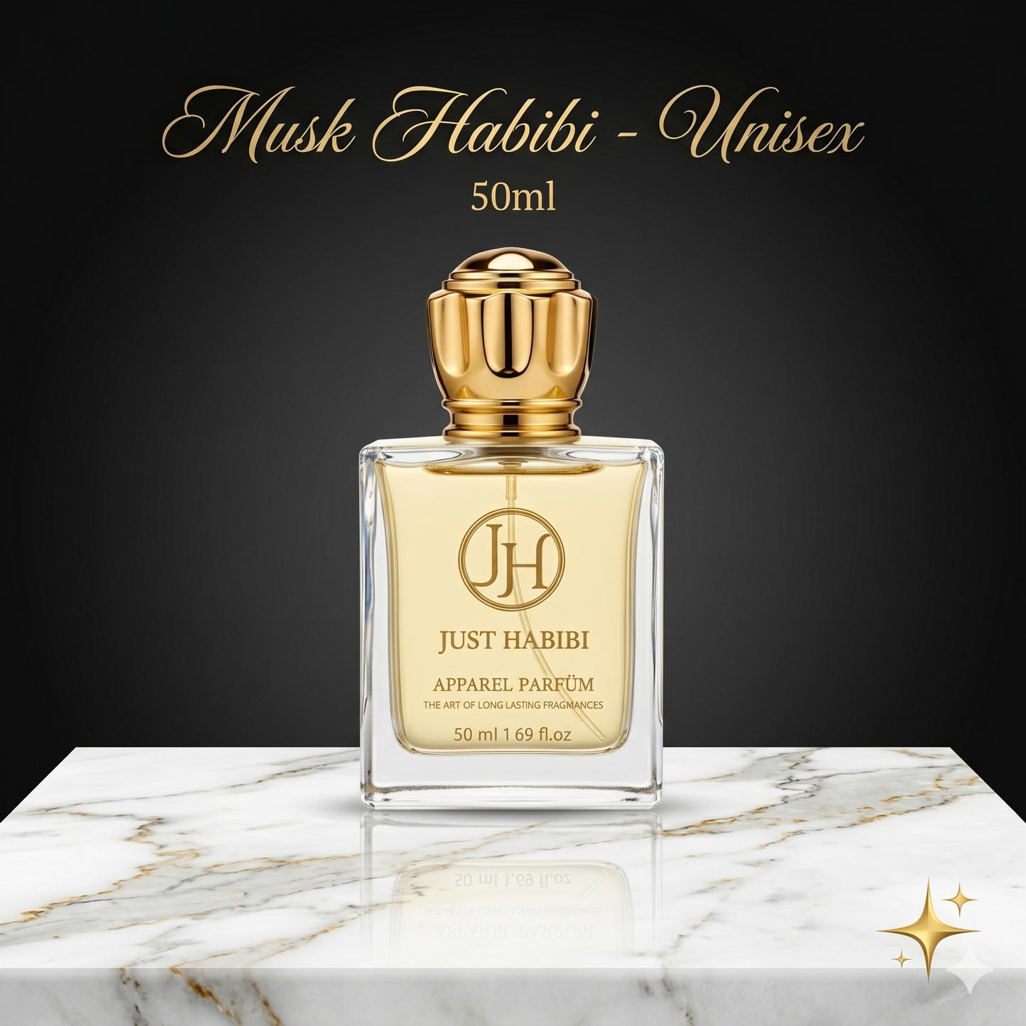 Perfume bottle labeled 'Musk Habibi - Unisex' by Just Habibi on a marble surface with a dark background.