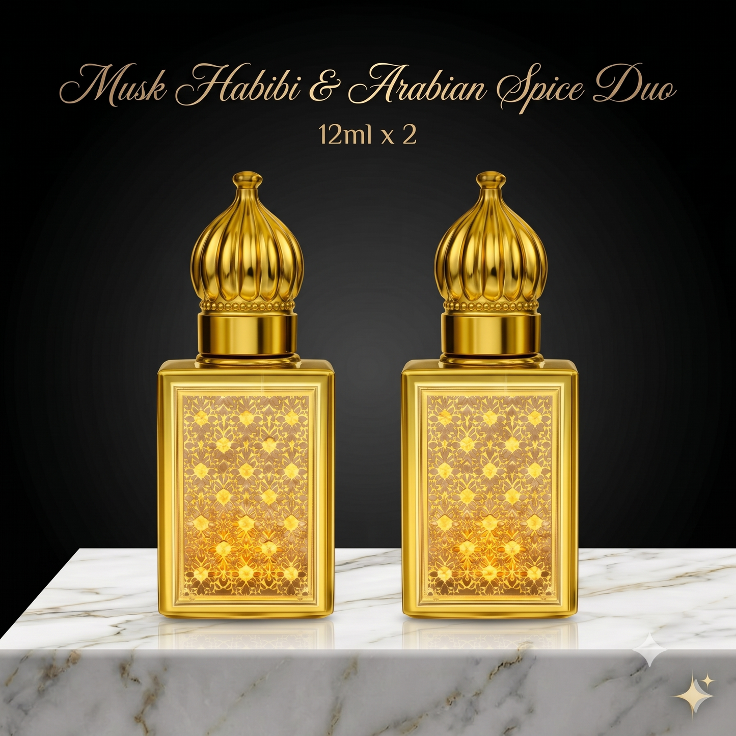 Two gold perfume bottles with intricate designs on a marble surface and black background.