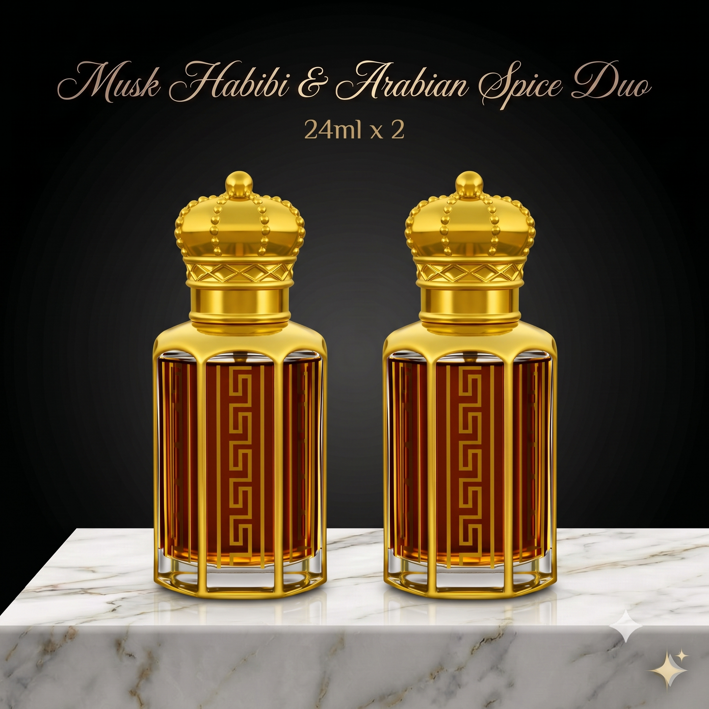 Two gold and glass perfume bottles on a marble surface with a dark background.