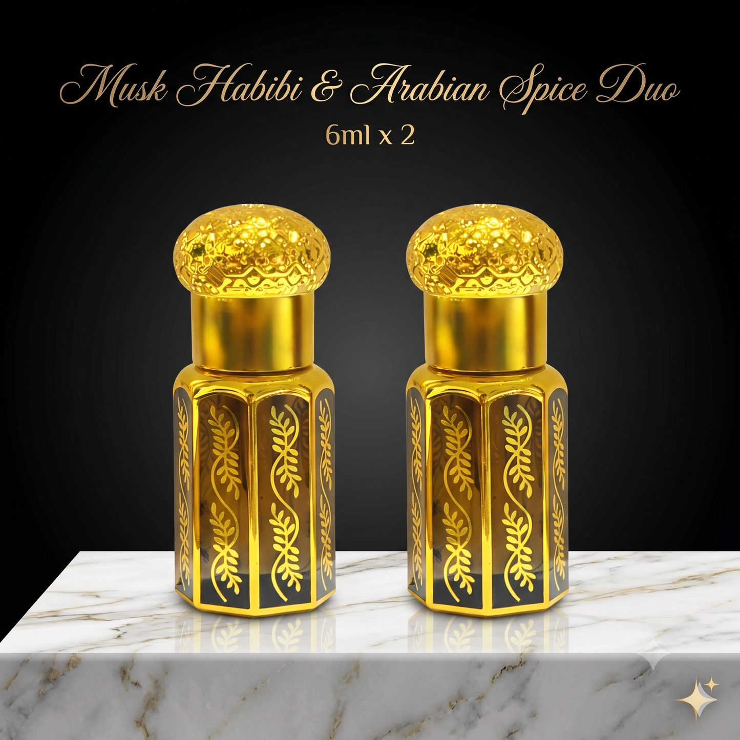 Two gold perfume bottles with intricate designs on a marble surface and black background.