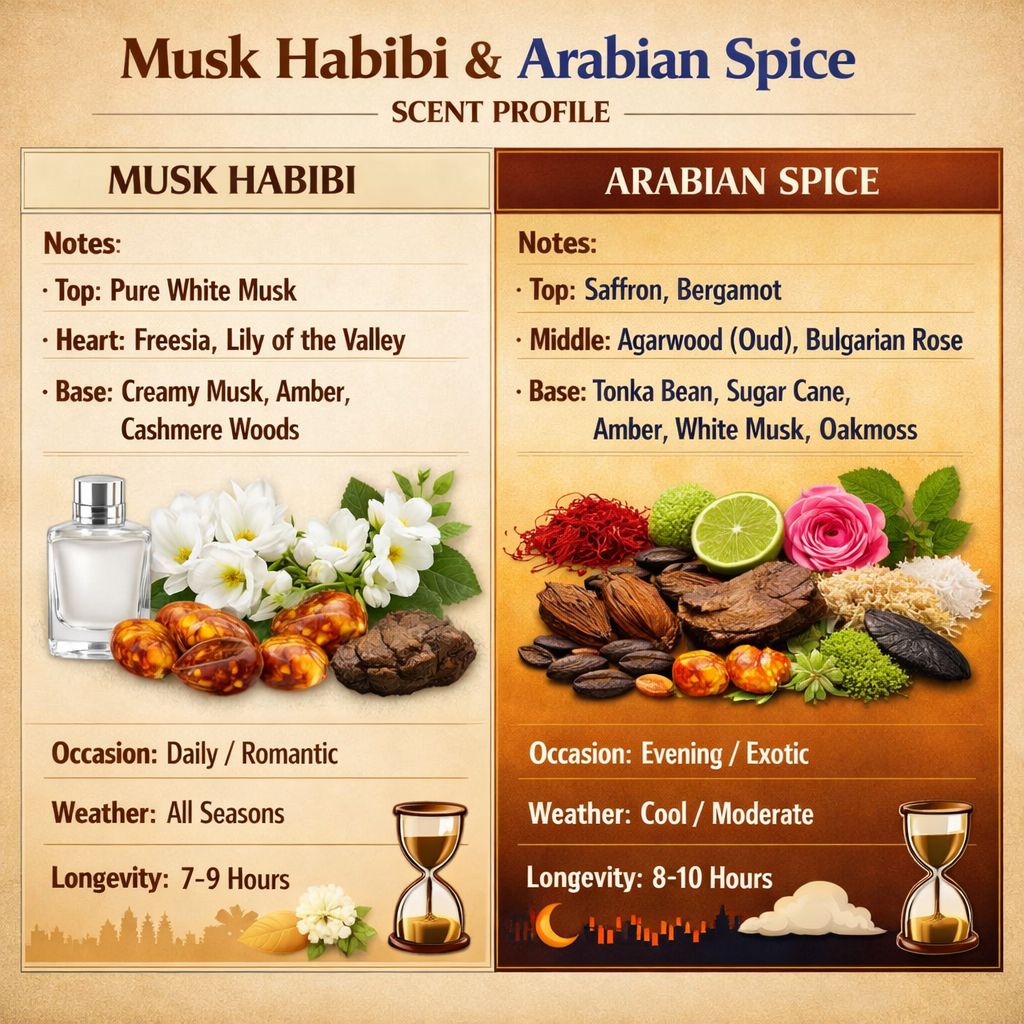 Scent profile comparison of Musk Habibi and Arabian Spice with visual elements and text.