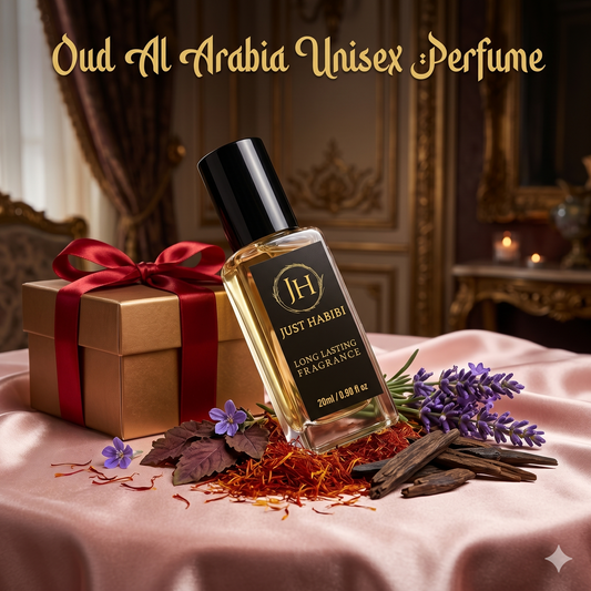 Just Habibi Oud Al Arabia Unisex Perfume bottle with gift box and lavender on a decorative surface.