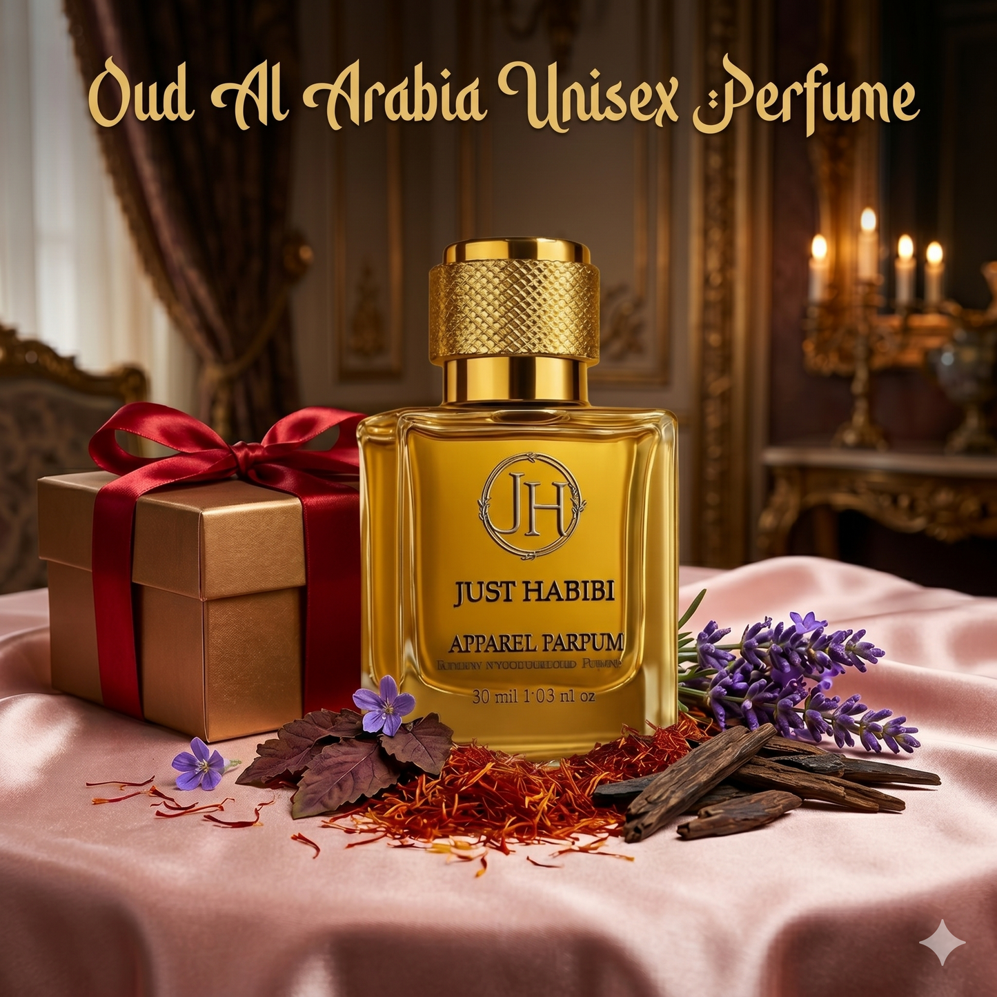 Just Habibi perfume bottle with a gift box and lavender flowers on a decorative background