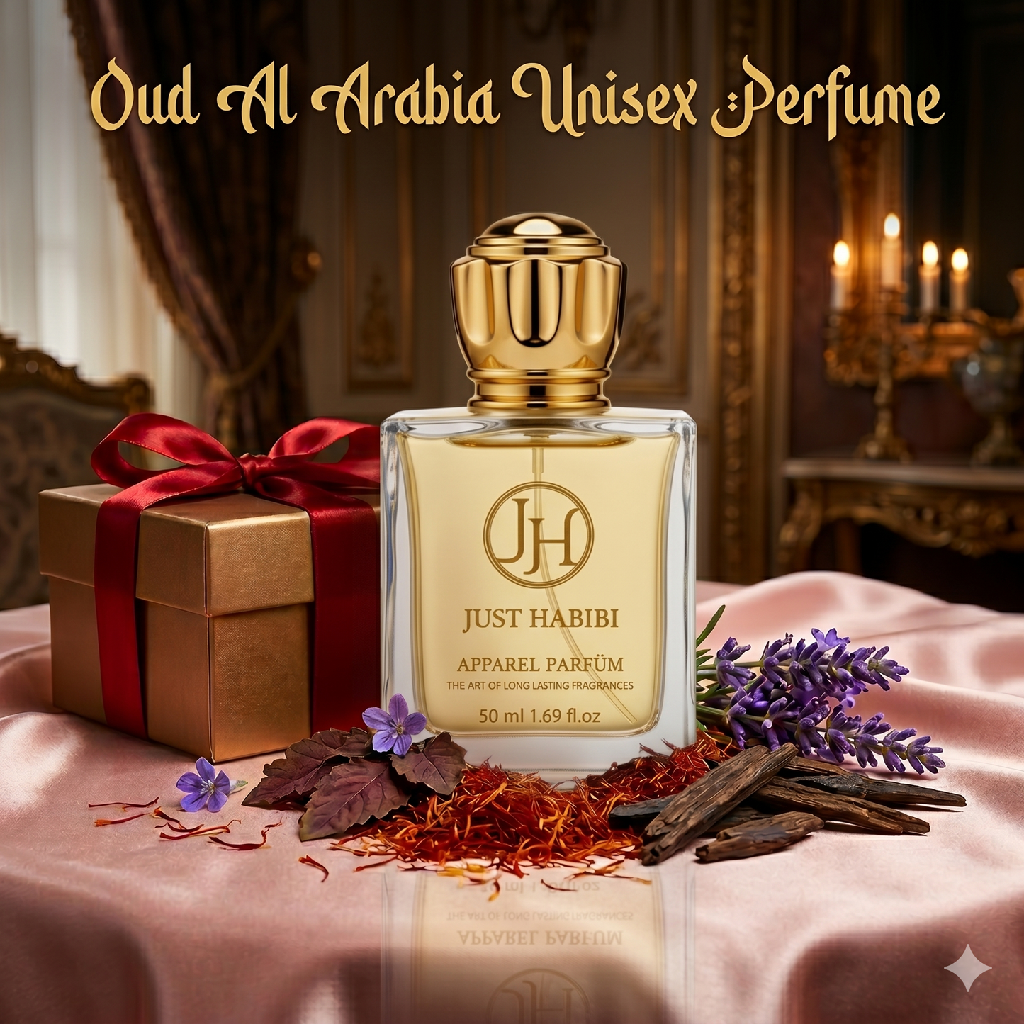 Just Habibi -Oud Al Arabia perfume bottle with decorative elements on a table