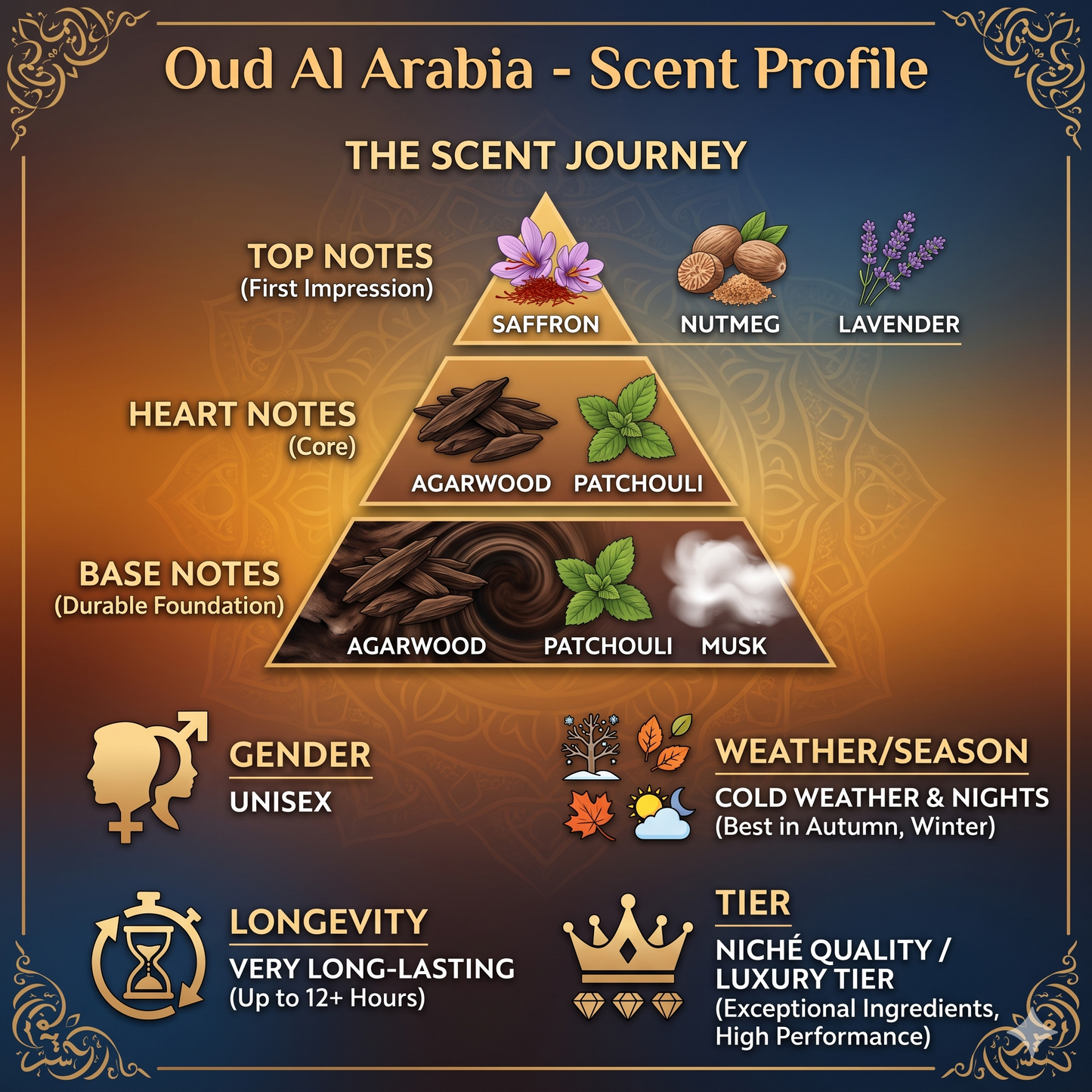 Oud Al Arabia scent profile pyramid with notes, duration, and quality details. by Just Habibi
