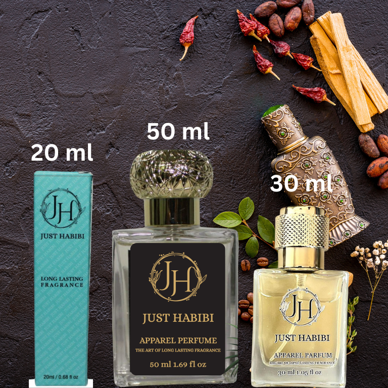 Three bottles of Just Habibi perfume with different capacities on a dark textured background.