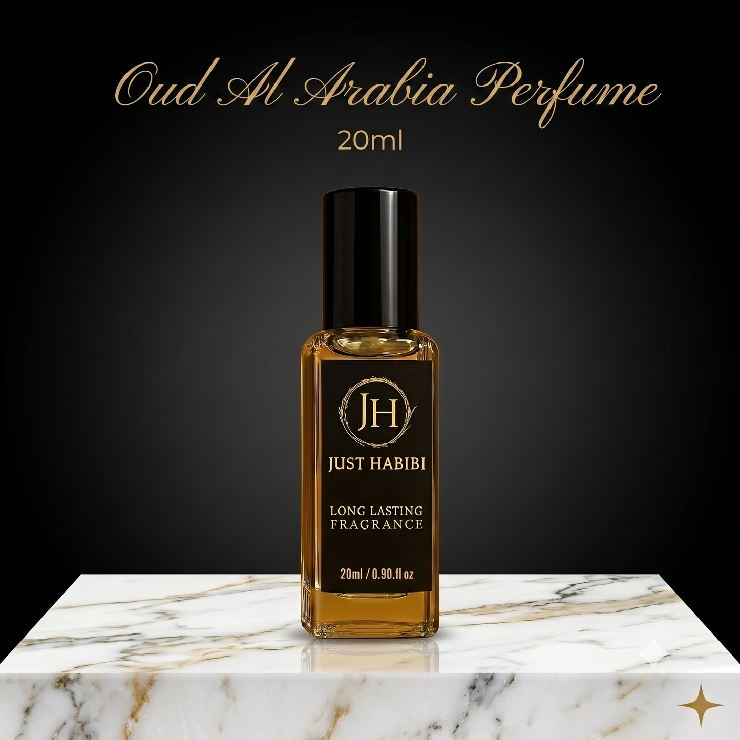 20ml Just habibi bottle placed on a marble tile advertising oud al arabia perfume