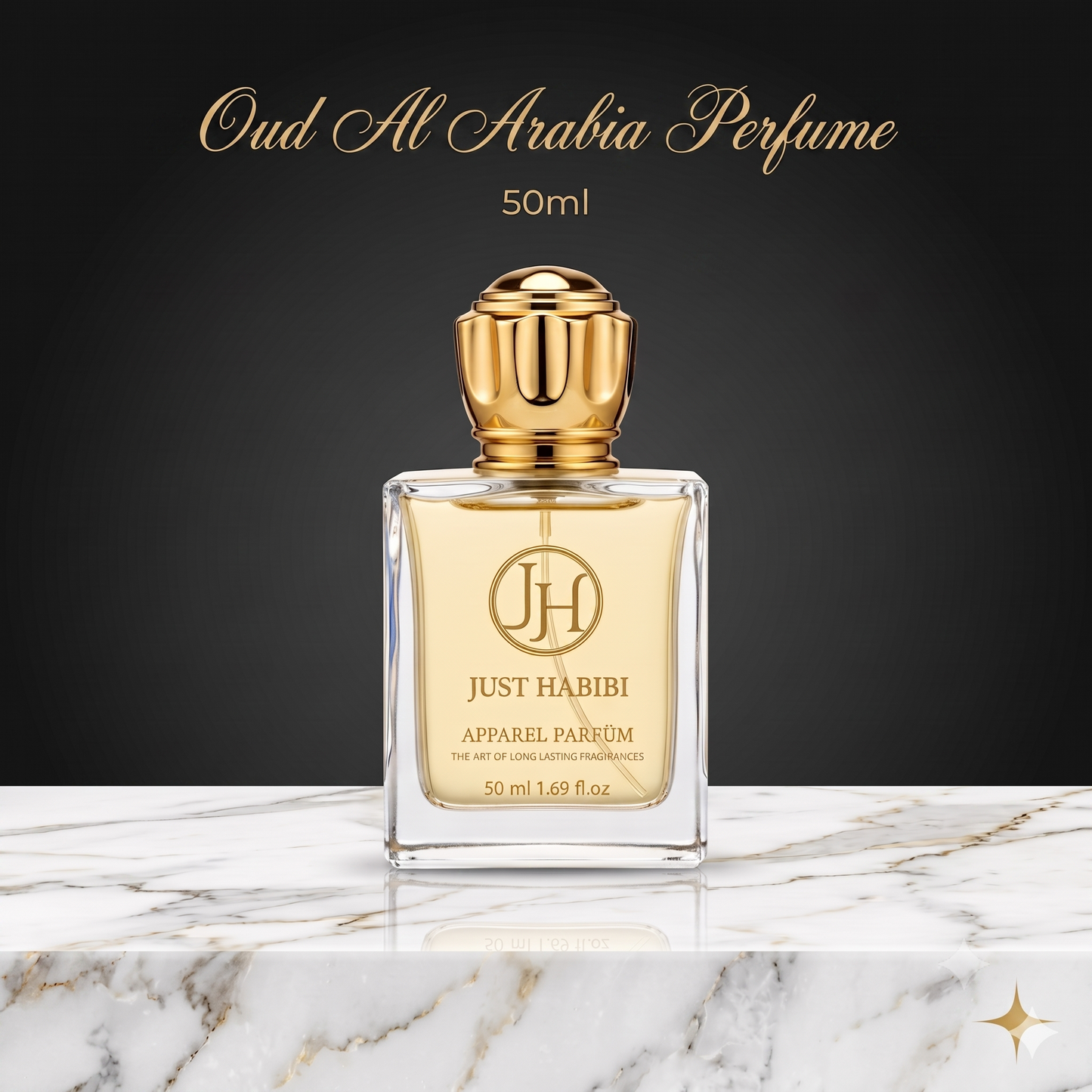 50ml Just habibi bottle with golden cap, placed on a marble tile advertising oud al arabia perfume