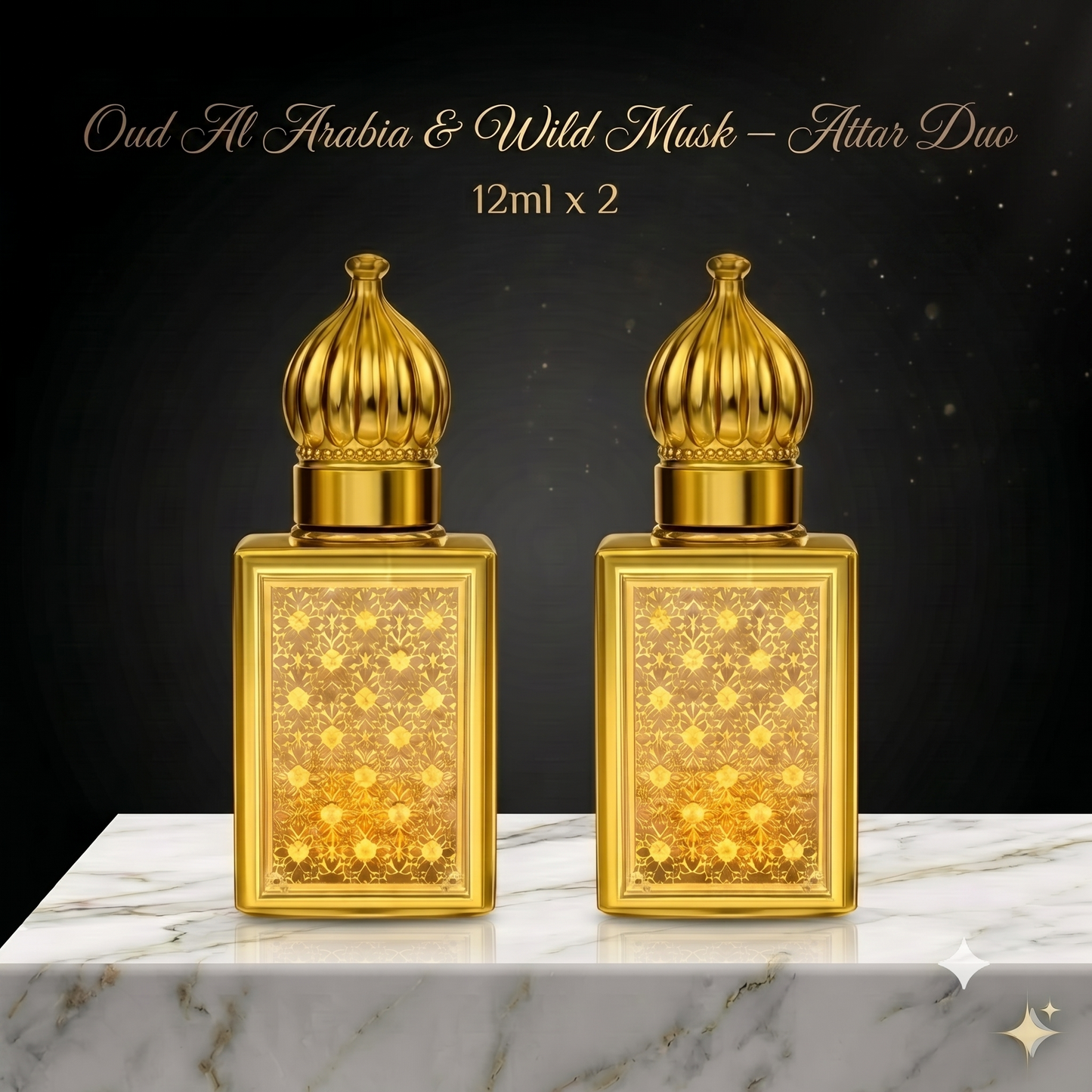 Two gold perfume bottles on a marble surface with a dark background