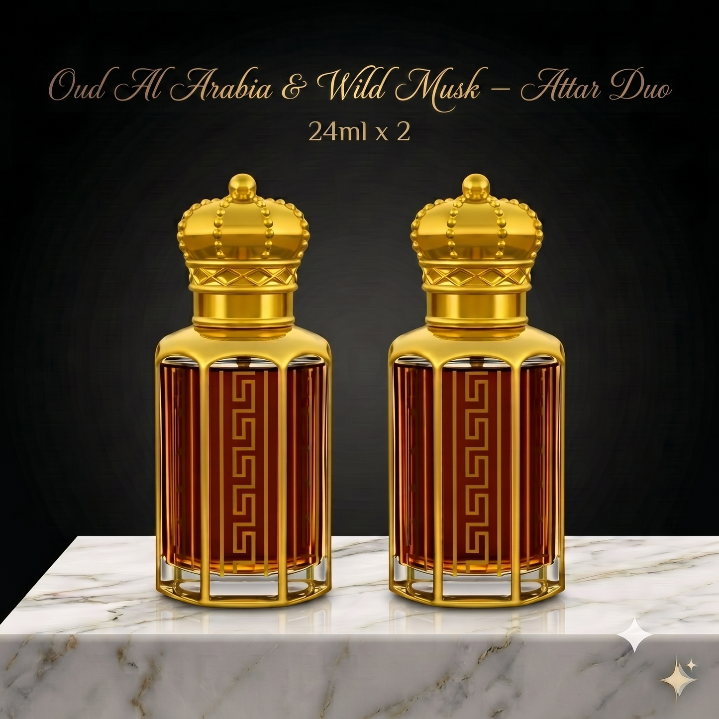 Two gold and glass perfume bottles on a marble surface with a dark background