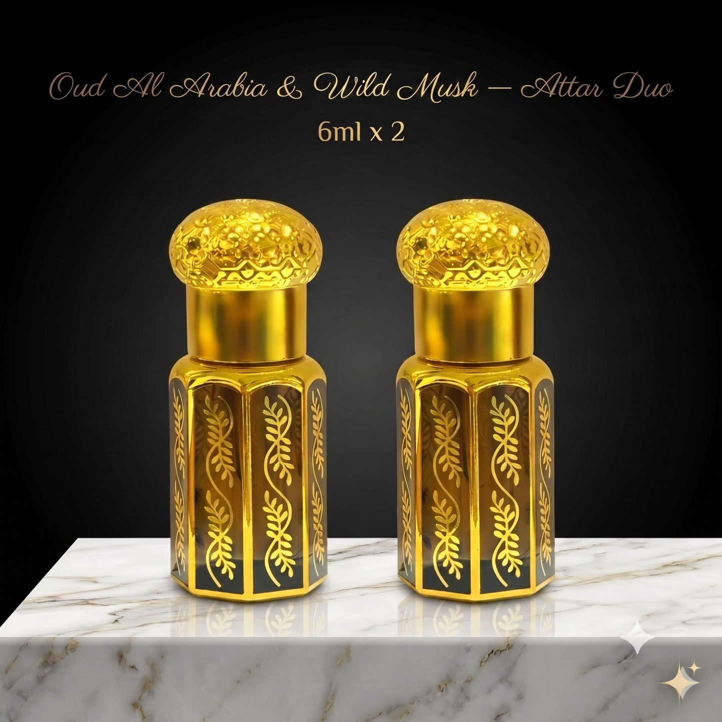 Two gold perfume bottles with intricate designs on a marble surface and black background.