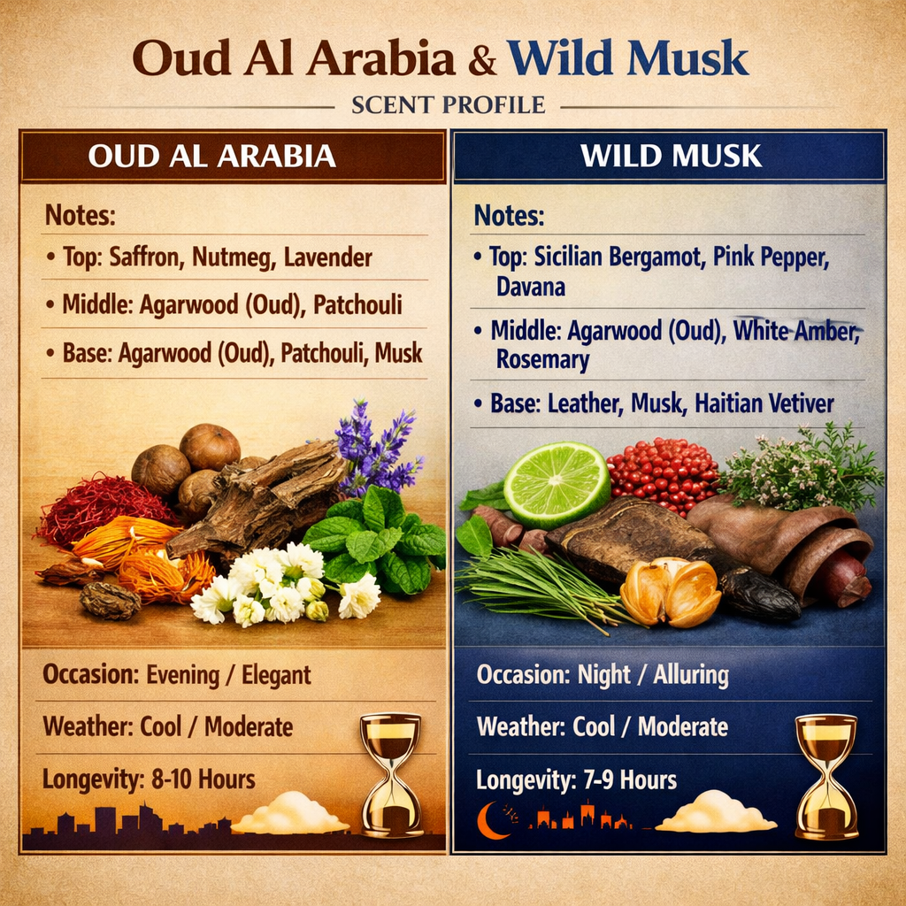 Scent profile chart for Oud Al Arabia and Wild Musk with notes, occasions, and longevity information.