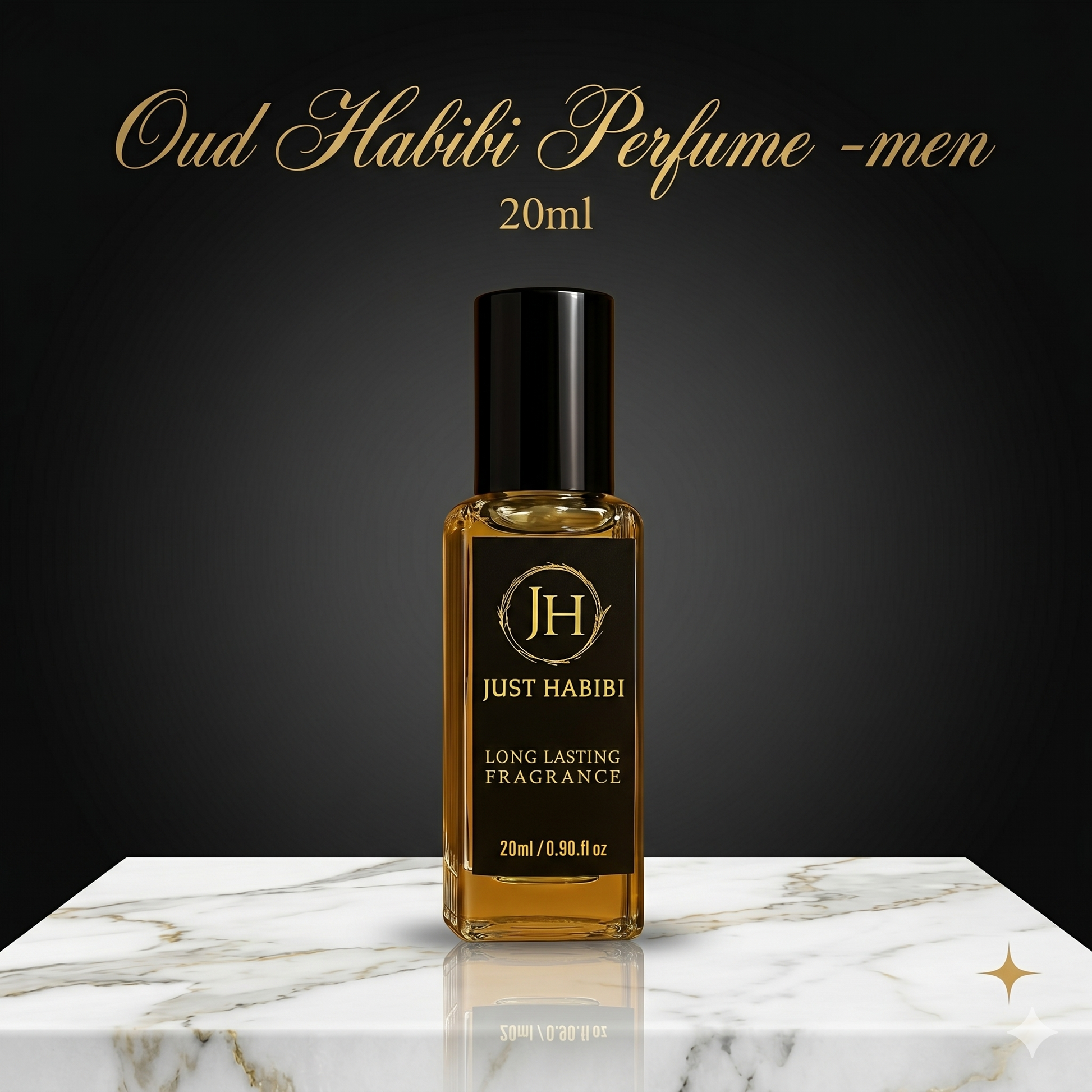 Perfume bottle labeled 'Just Habibi' on a marble surface with a dark background