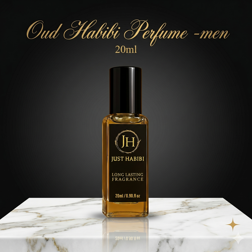 Perfume bottle labeled 'Just Habibi' on a marble surface with a dark background