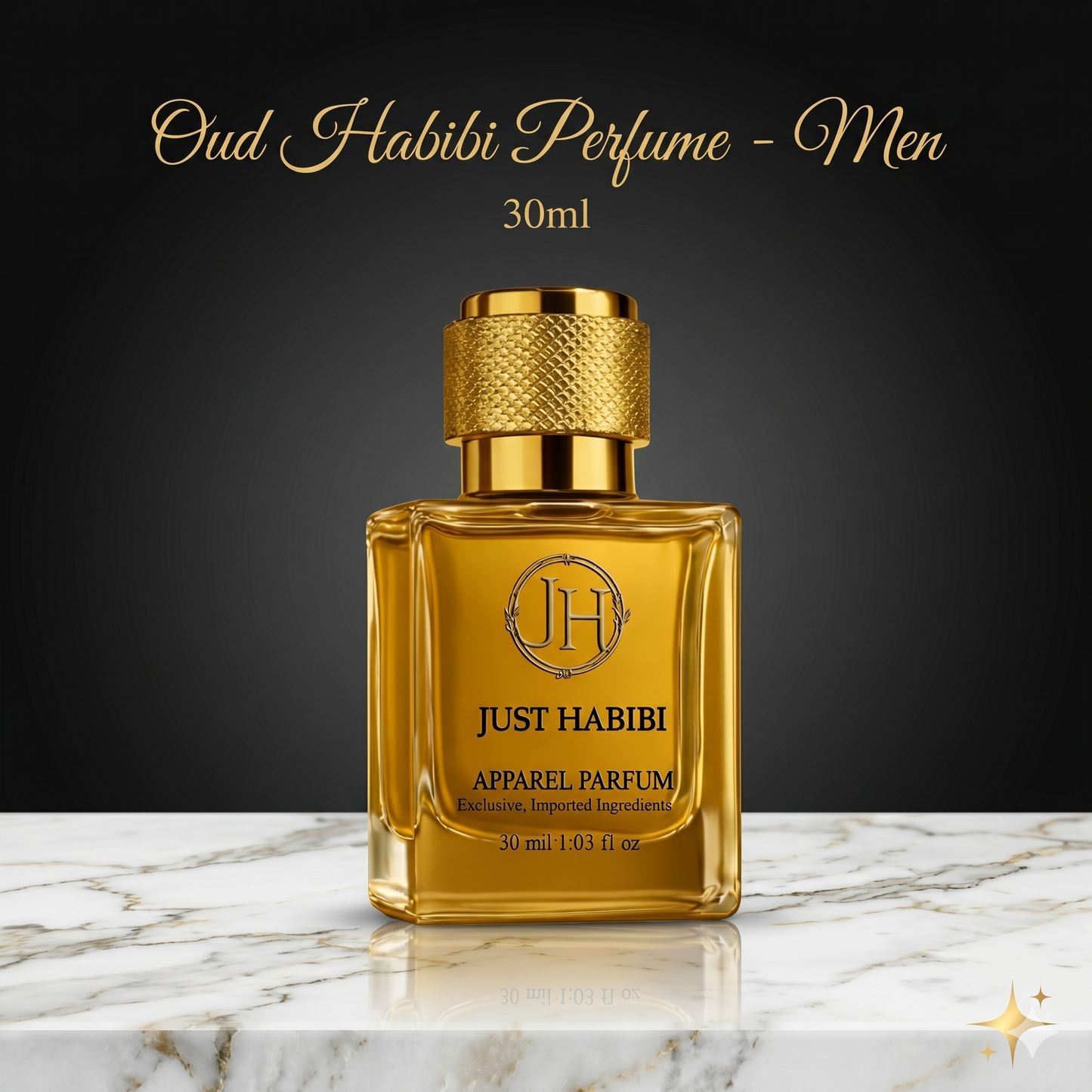 Just Habibi perfume bottle on a marble surface with a dark background