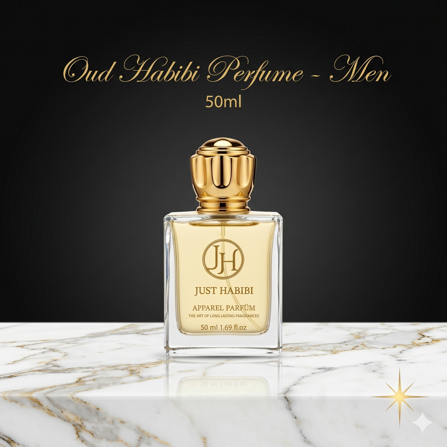 Just Habibi perfume bottle on a marble surface with a black background