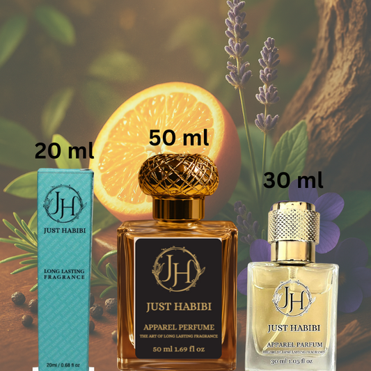 Just Habibi perfume bottles with different sizes and packaging on a natural background.