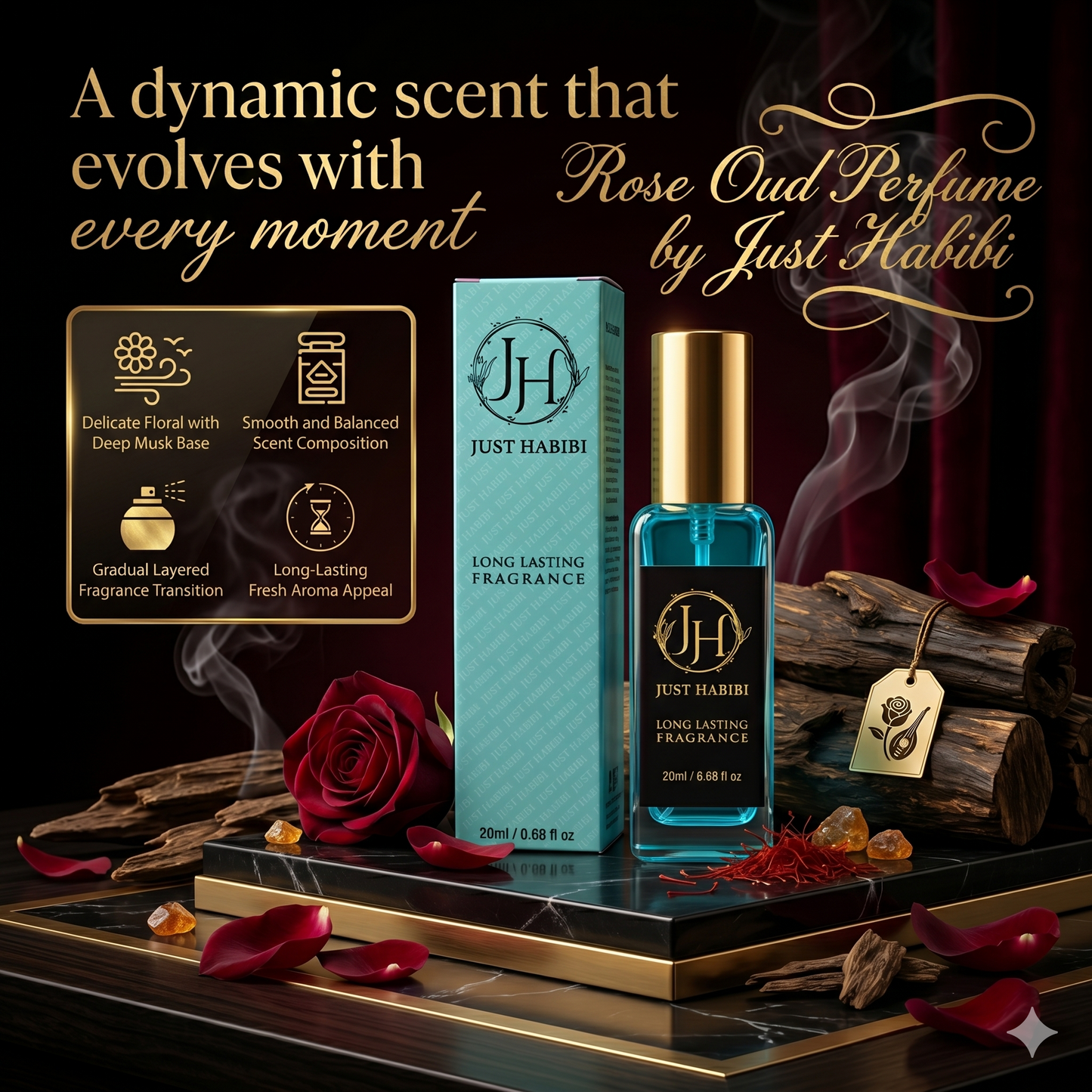 Just Habibi Rose Oud perfume bottle and packaging with decorative elements on a dark background