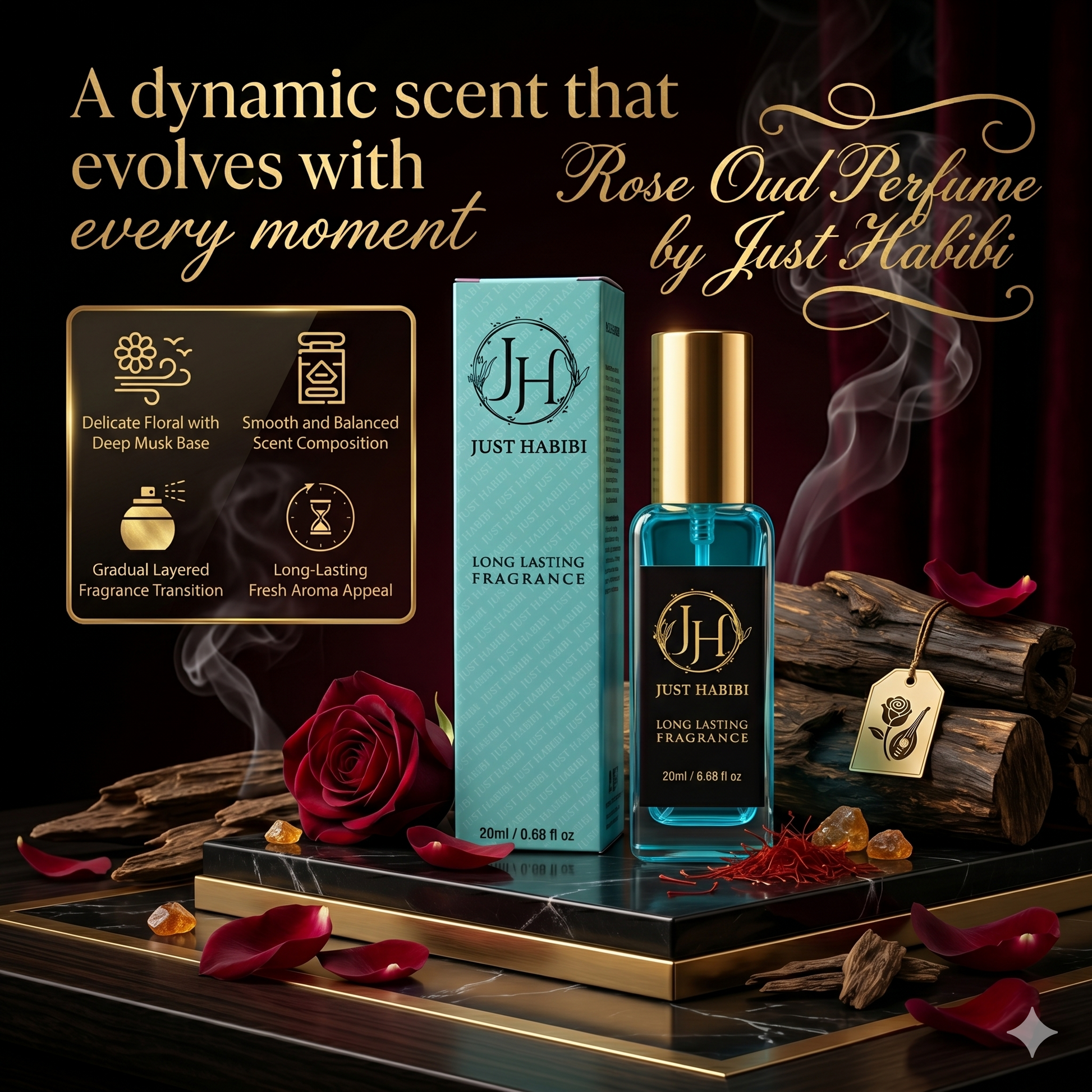 Just Habibi Rose Oud perfume bottle and packaging with decorative elements on a dark background