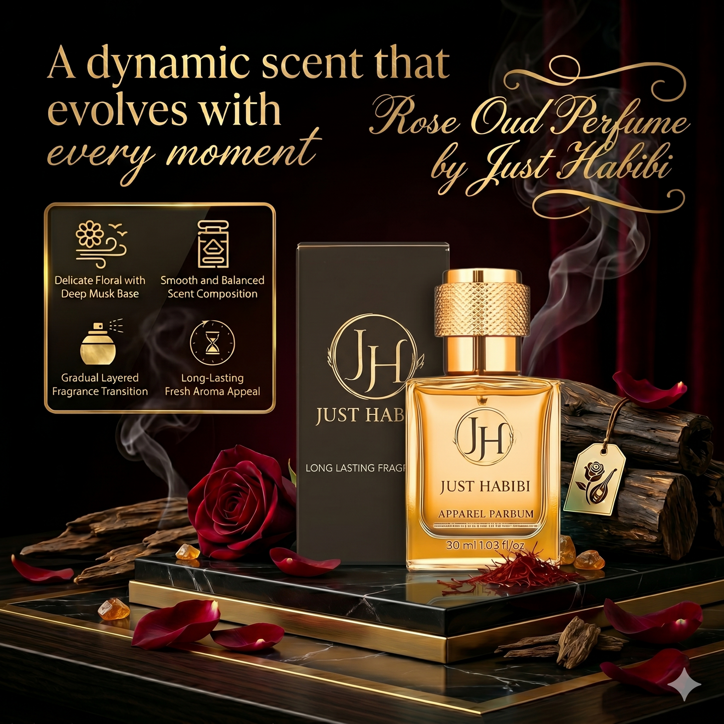 Just Habibi Rose Oud perfume bottle with packaging and decorative elements on a dark background