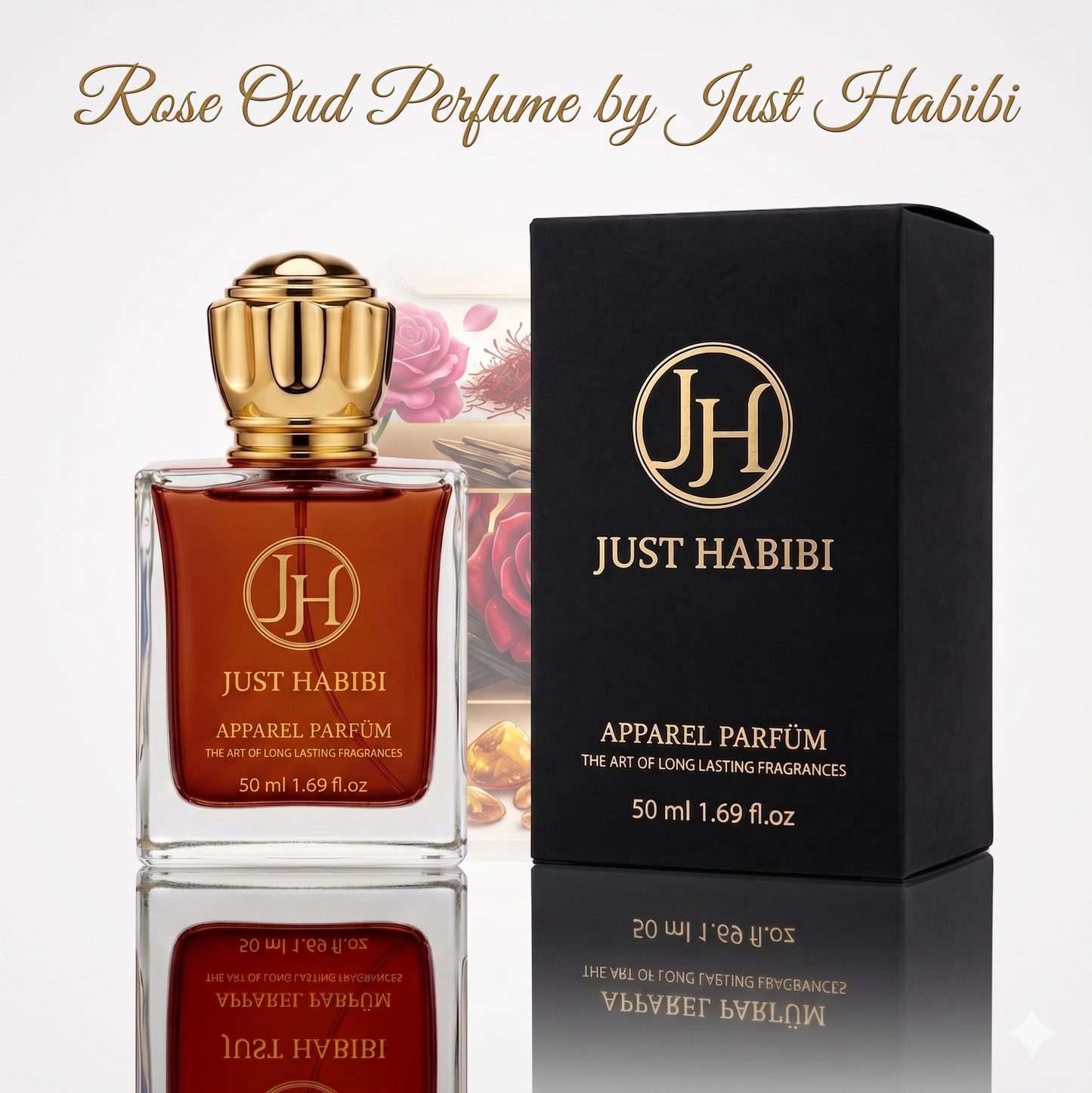 Just Habibi Rose Oud Perfume bottle and packaging on a reflective surface with floral background