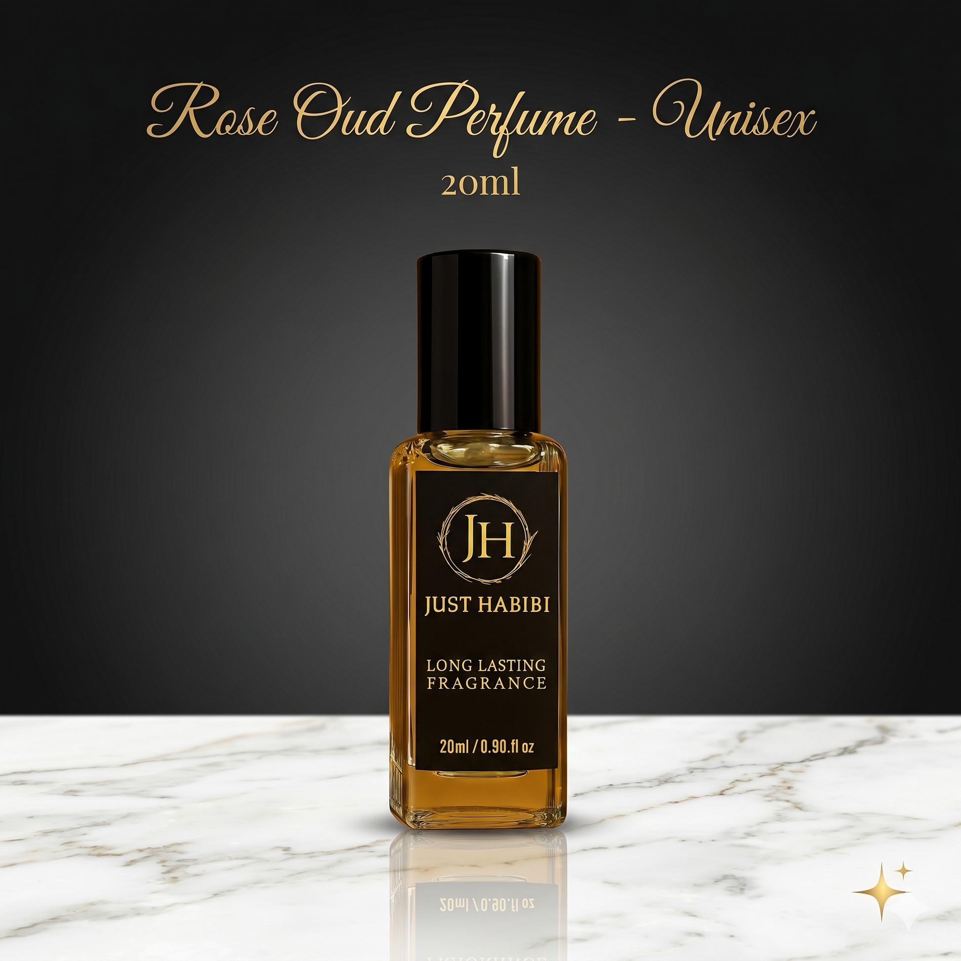 Rose Oud perfume bottle by Just Habibi on a marble surface with a dark background