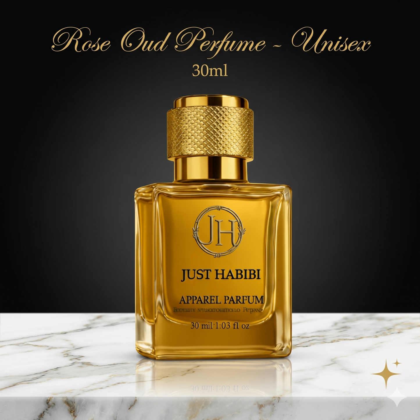 Gold perfume bottle with 'Just Habibi' branding on a marble surface and dark background