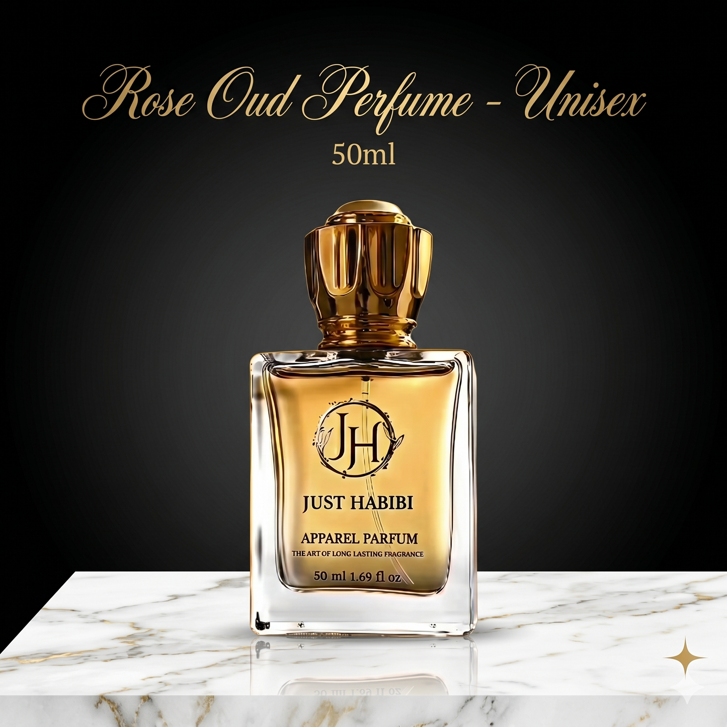 Just Habibi Rose Oud Perfume bottle on a marble surface with a dark background