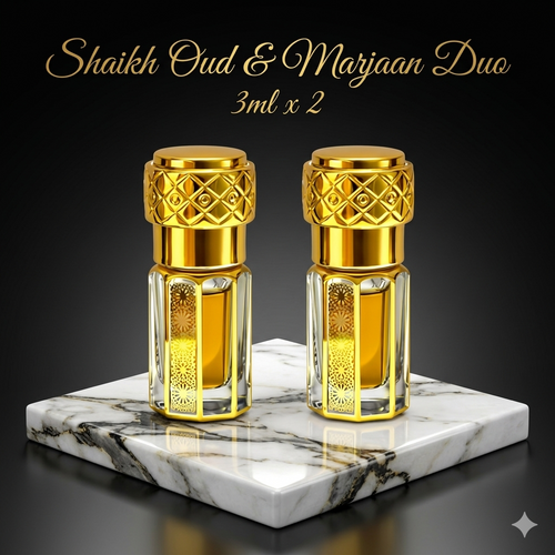 Two gold-framed perfume bottles on a marble surface with 'Shaikh Oud & Marjaan Duo' text.