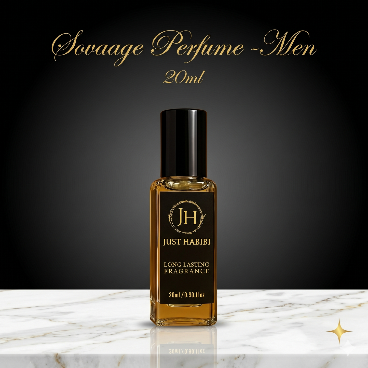 Perfume bottle labeled 'Just Habibi' on a marble surface with a dark background