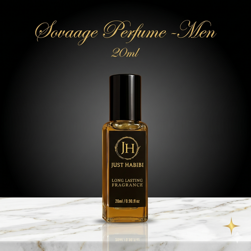Perfume bottle labeled 'Just Habibi' on a marble surface with a dark background