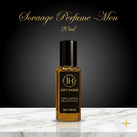 Perfume bottle labeled 'Just Habibi' on a marble surface with a dark background