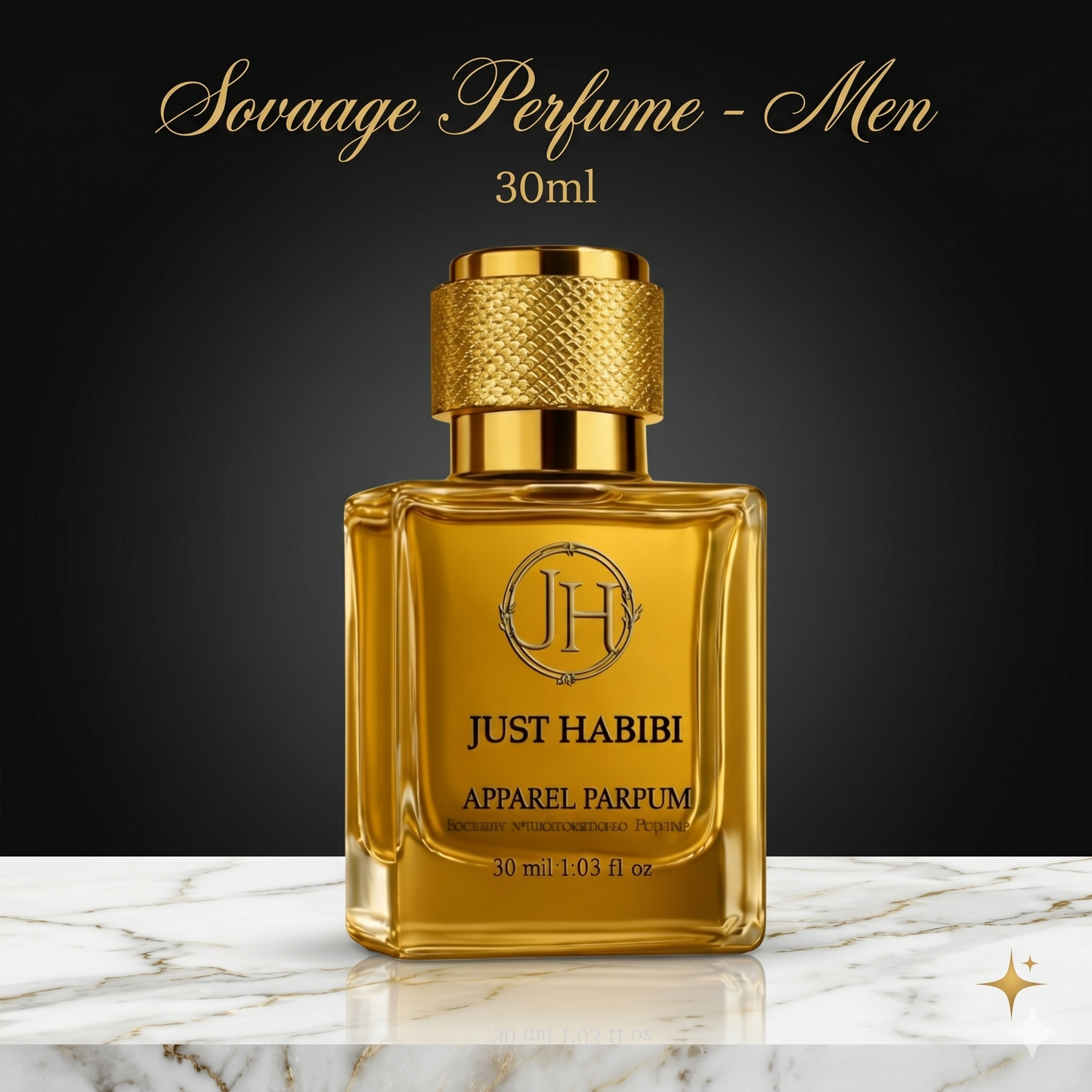 Gold perfume bottle with 'Just Habibi' branding on a marble surface and dark background