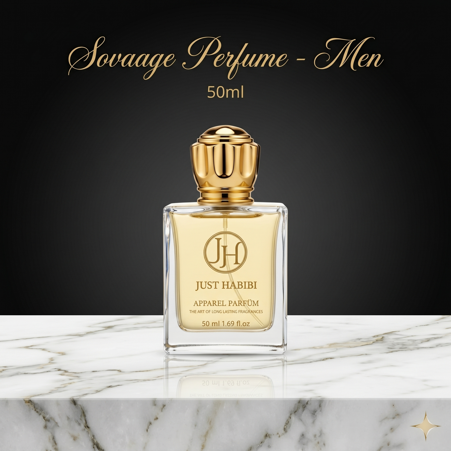 Just Habibi perfume bottle on a marble surface with a black background