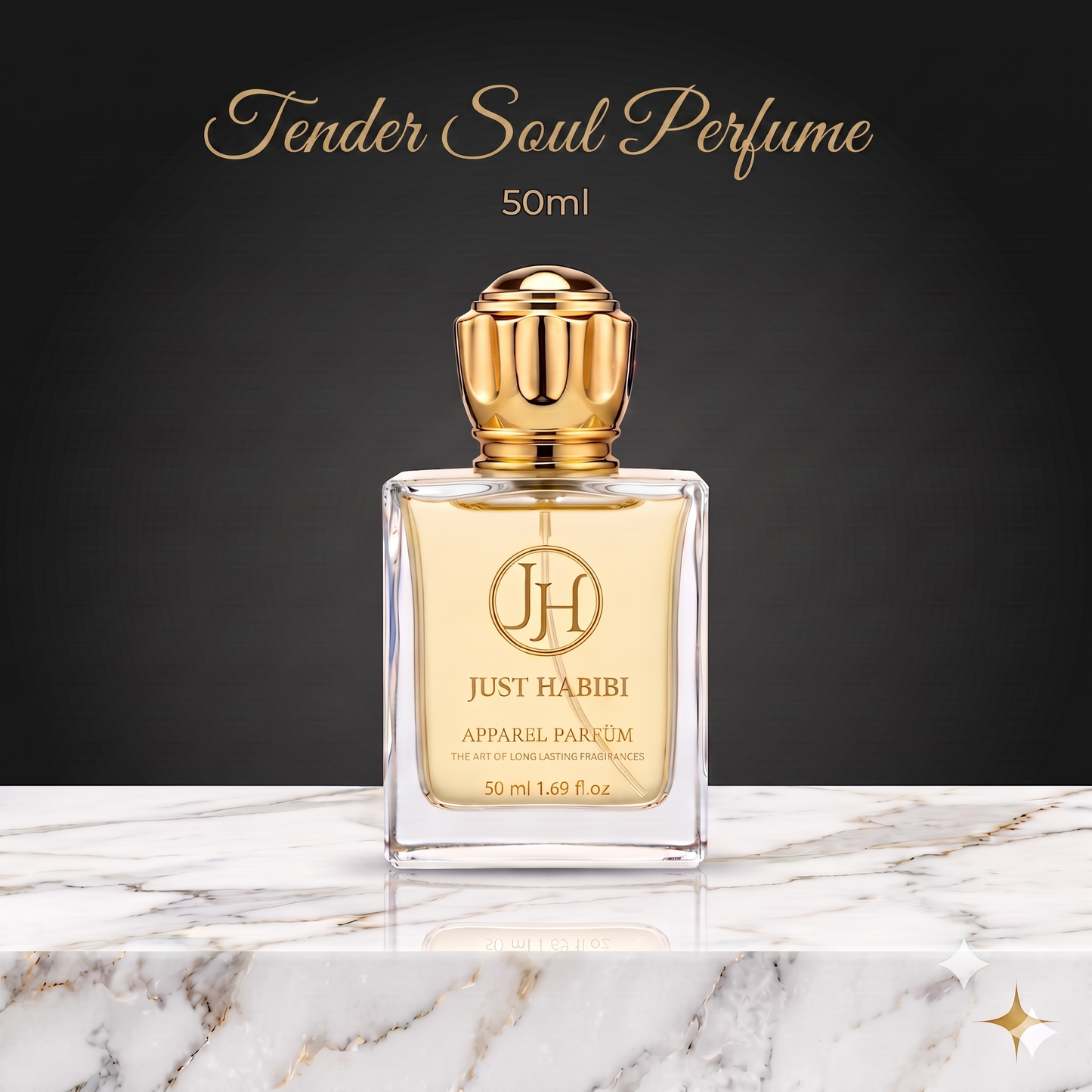 "Just Habibi Tender Soul Perfume – 50ml bottle on a marble surface with dark luxury background"