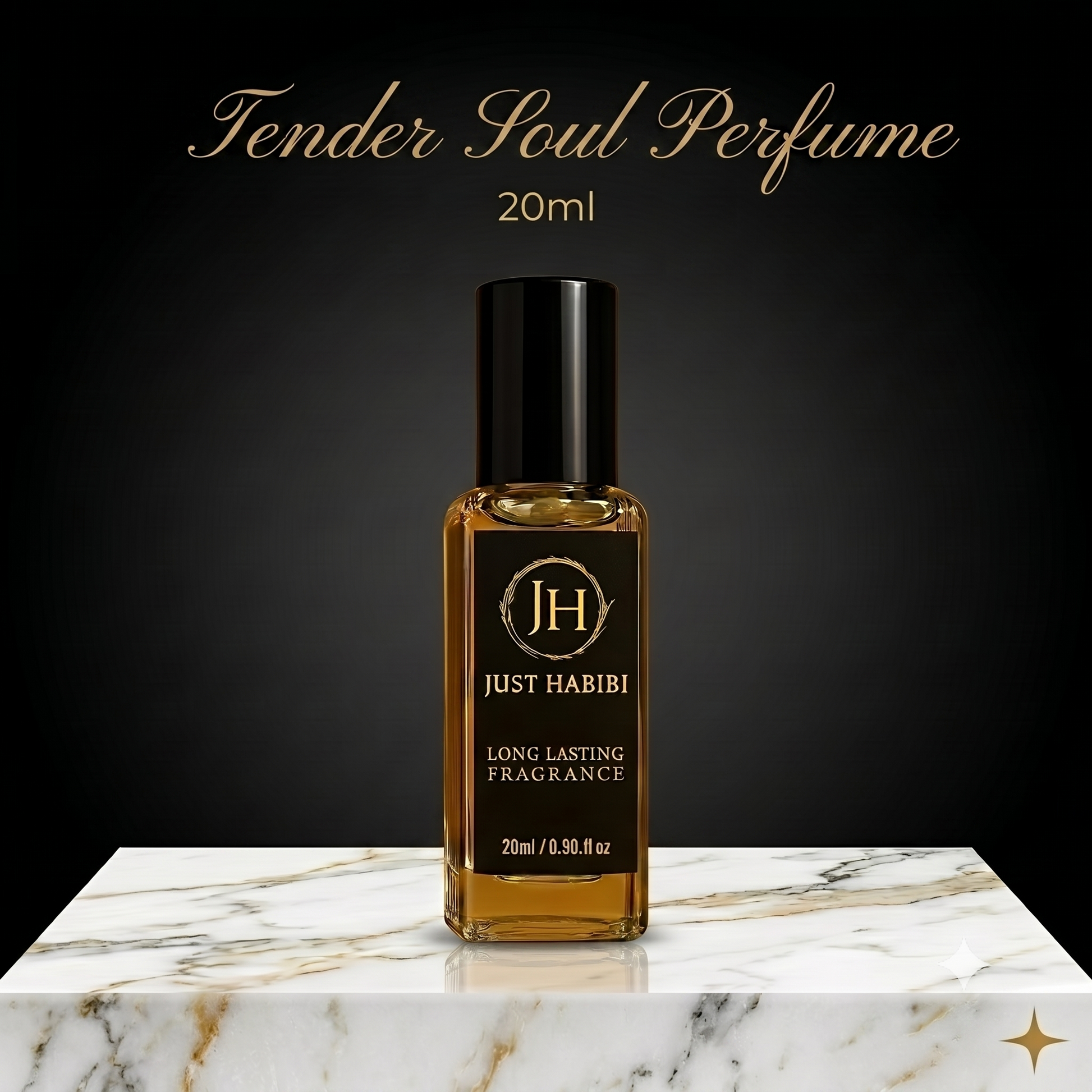 Just Habibi Tender Soul Perfume – 20ml travel-size bottle on a marble surface with dark luxury background"