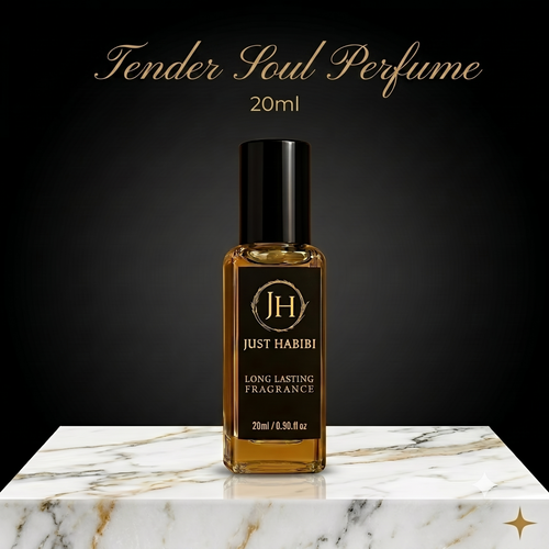 Just Habibi Tender Soul Perfume – 20ml travel-size bottle on a marble surface with dark luxury background"